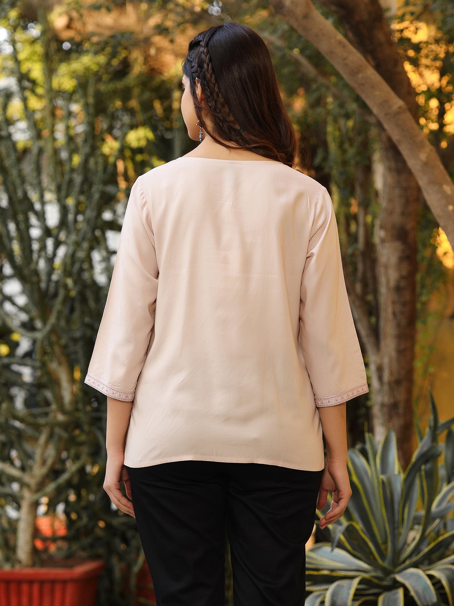 Nude Rayon Solid with Embroidered Tunic