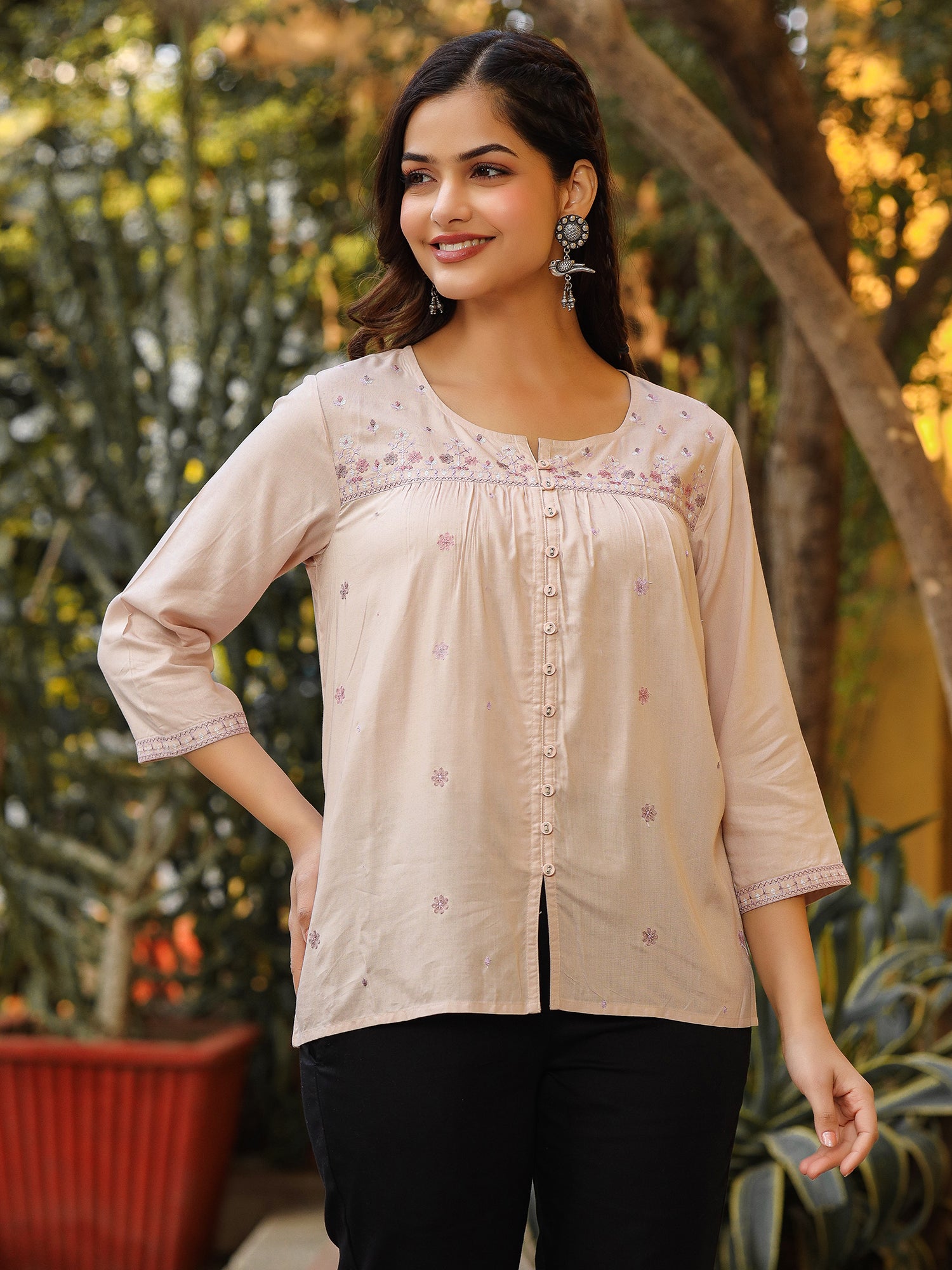 Nude Rayon Solid with Embroidered Tunic