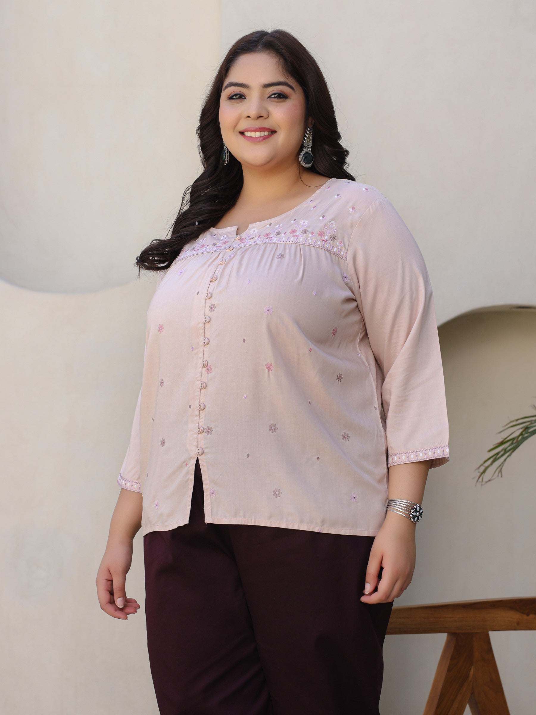 Nude Gathered Rayon Plus Size Tunic With Thread Embroidery