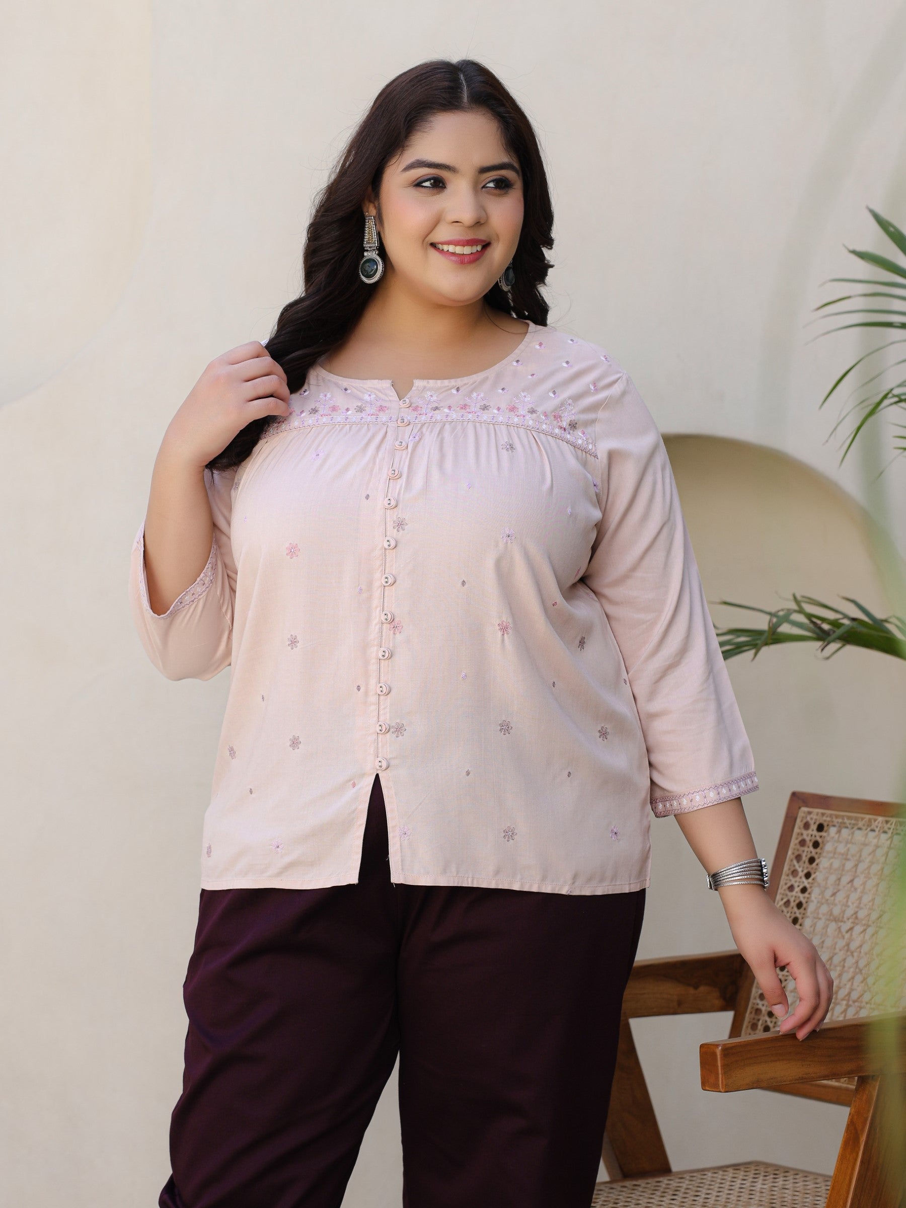 Nude Gathered Rayon Plus Size Tunic With Thread Embroidery