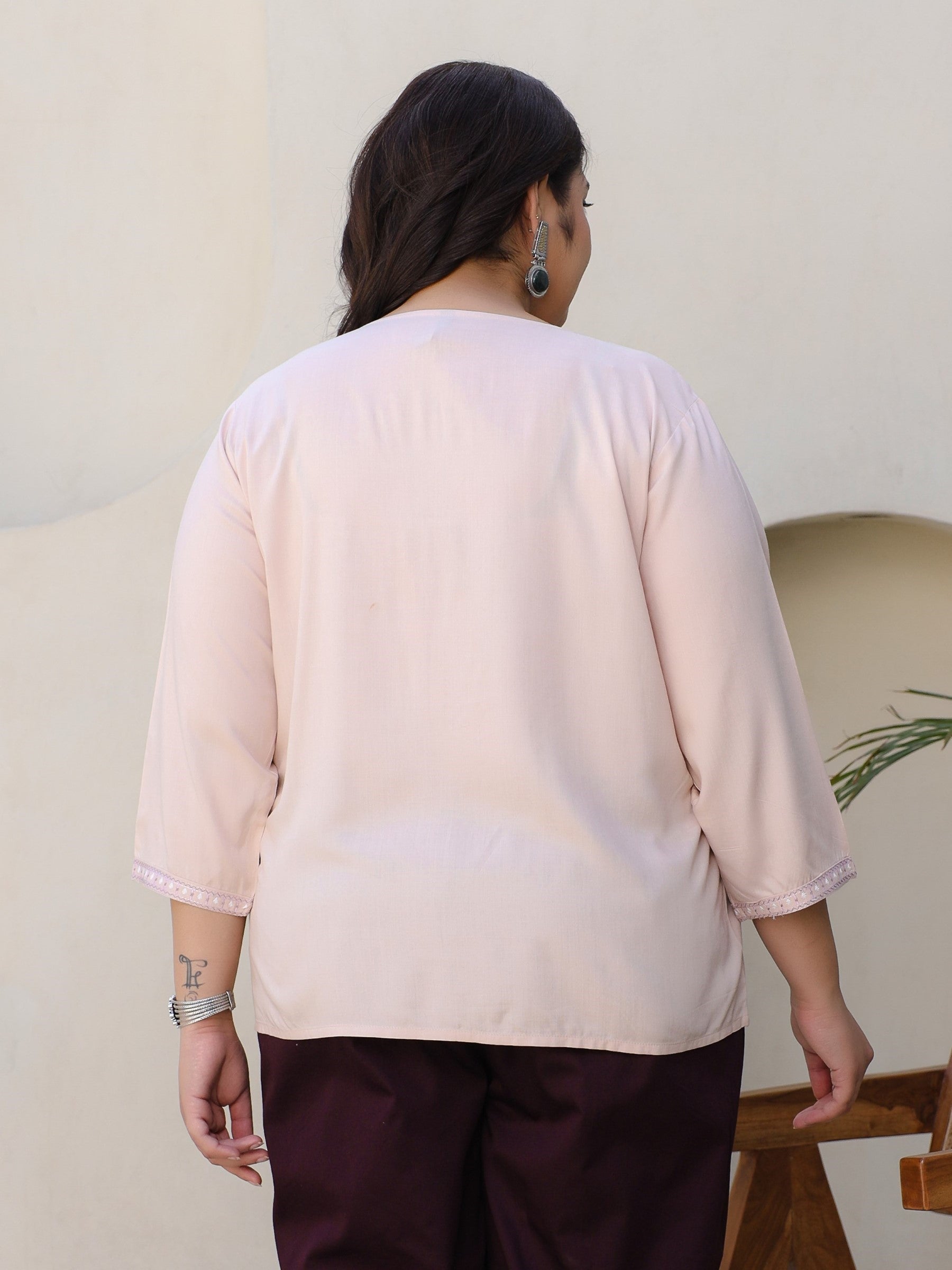 Juniper Nude Gathered Rayon Plus Size Tunic With Thread Embroidery