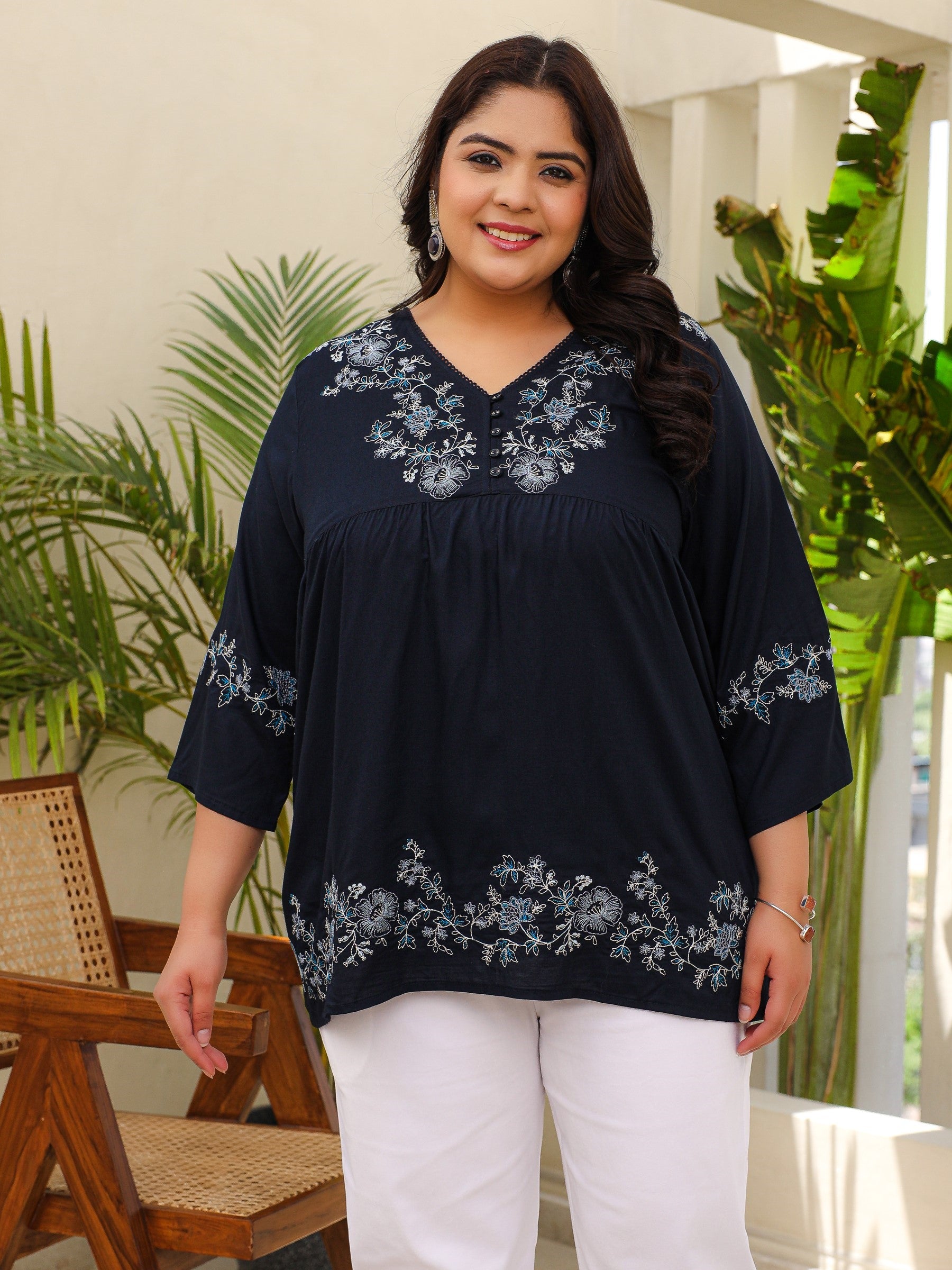 Navy Blue Modal Rayon Floral Embroidered Alia Cut Plus Size Tunic