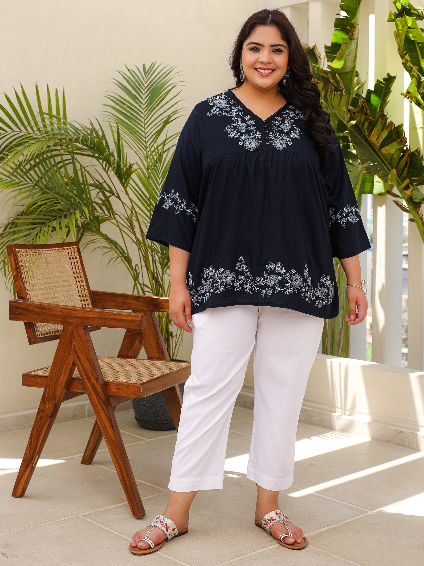 Navy Blue Modal Rayon Floral Embroidered Alia Cut Plus Size Tunic