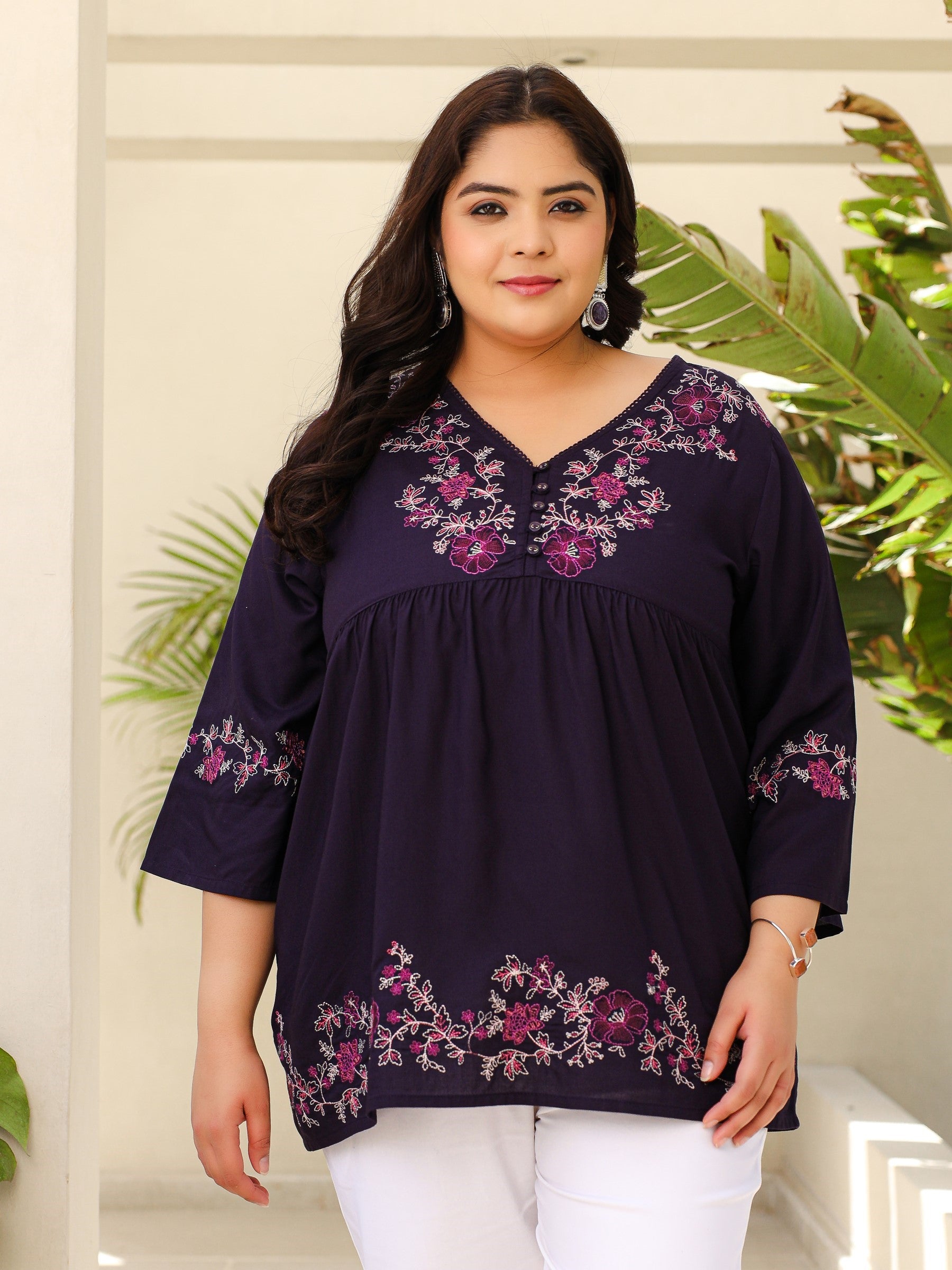 Purple Modal Rayon Floral Embroidered Alia Cut Plus Size Tunic