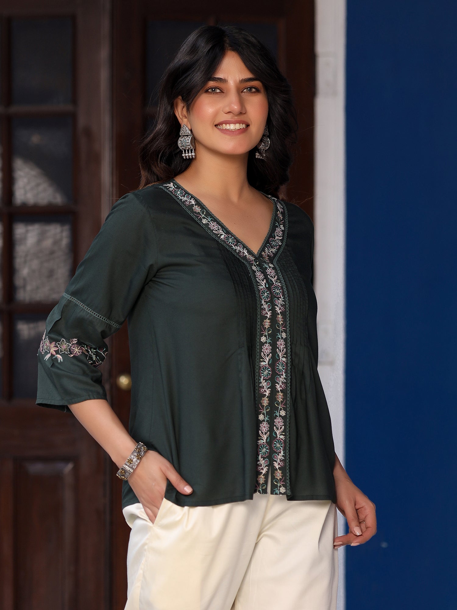 Green Rayon Solid with Embroidered Tunic