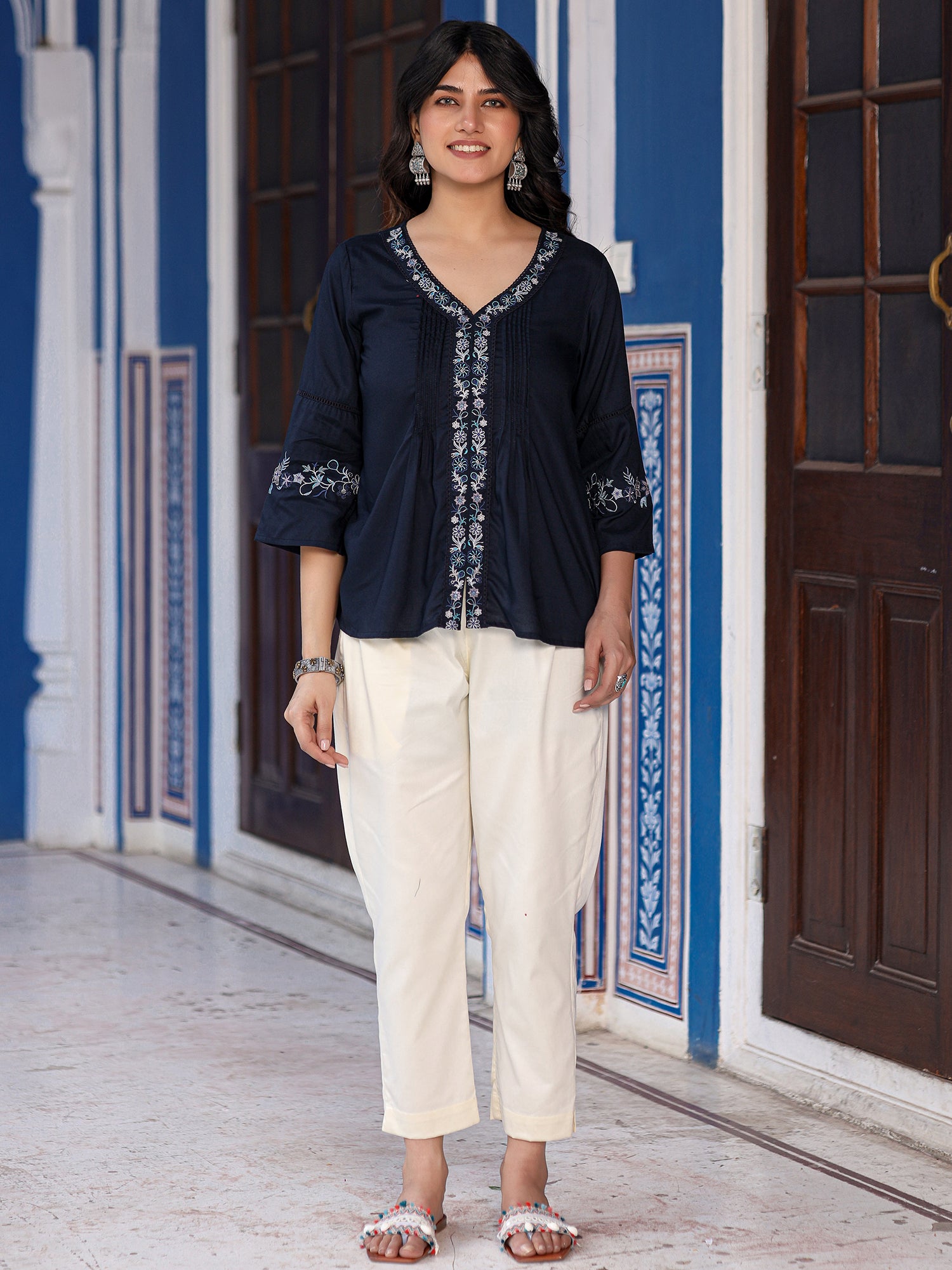 Navy Blue Rayon Solid with Embroidered Tunic