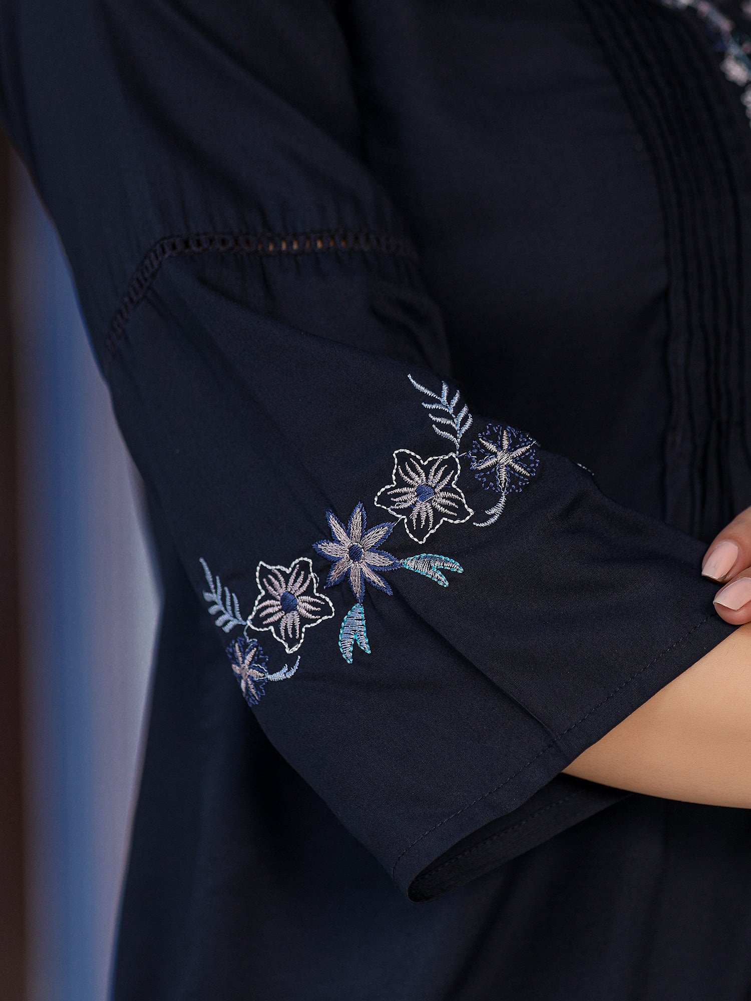 Navy Blue Rayon Solid with Embroidered Tunic