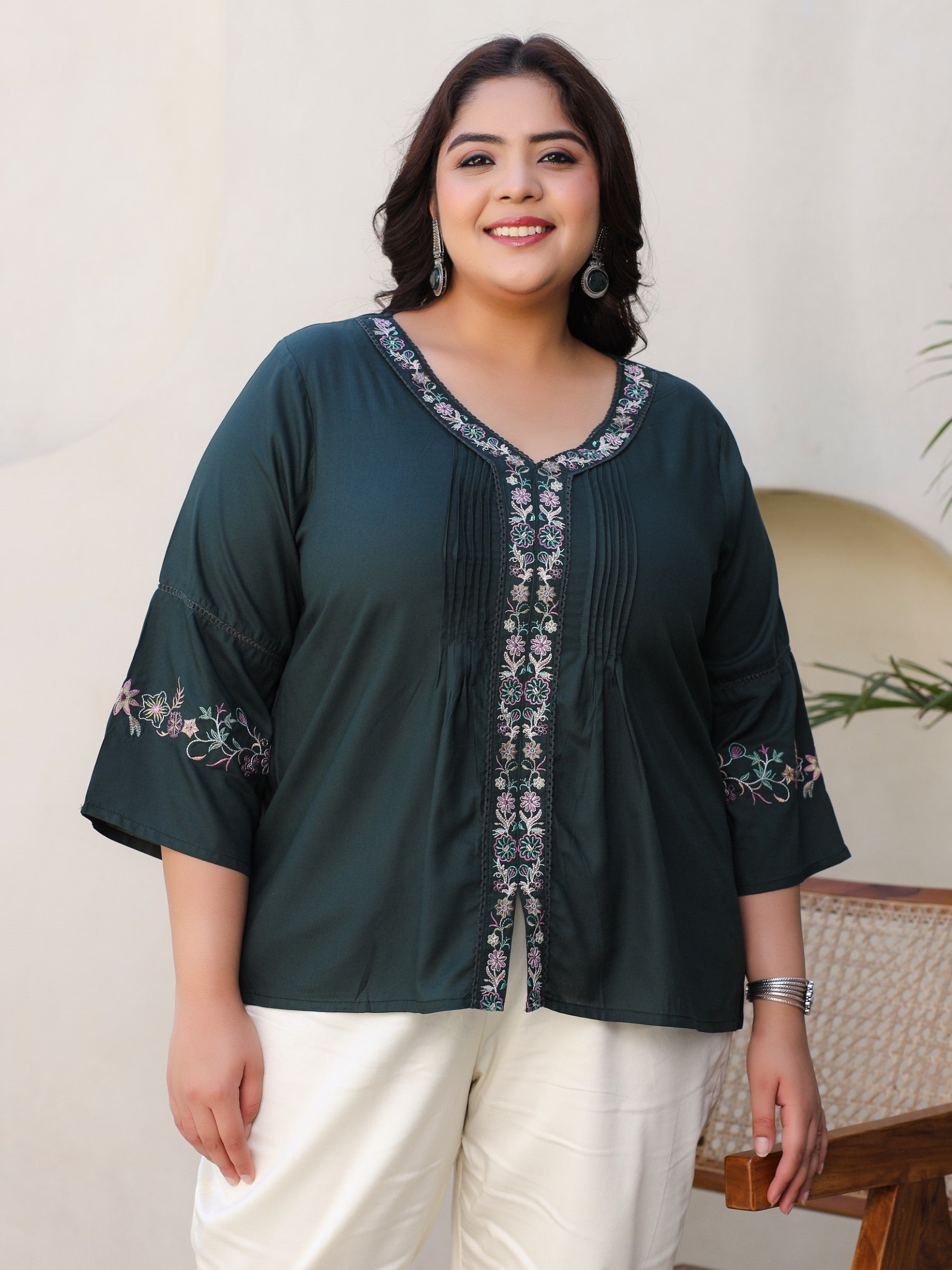 Green Modal Rayon Embroidered Plus Size Tunic With Pintucks At Front