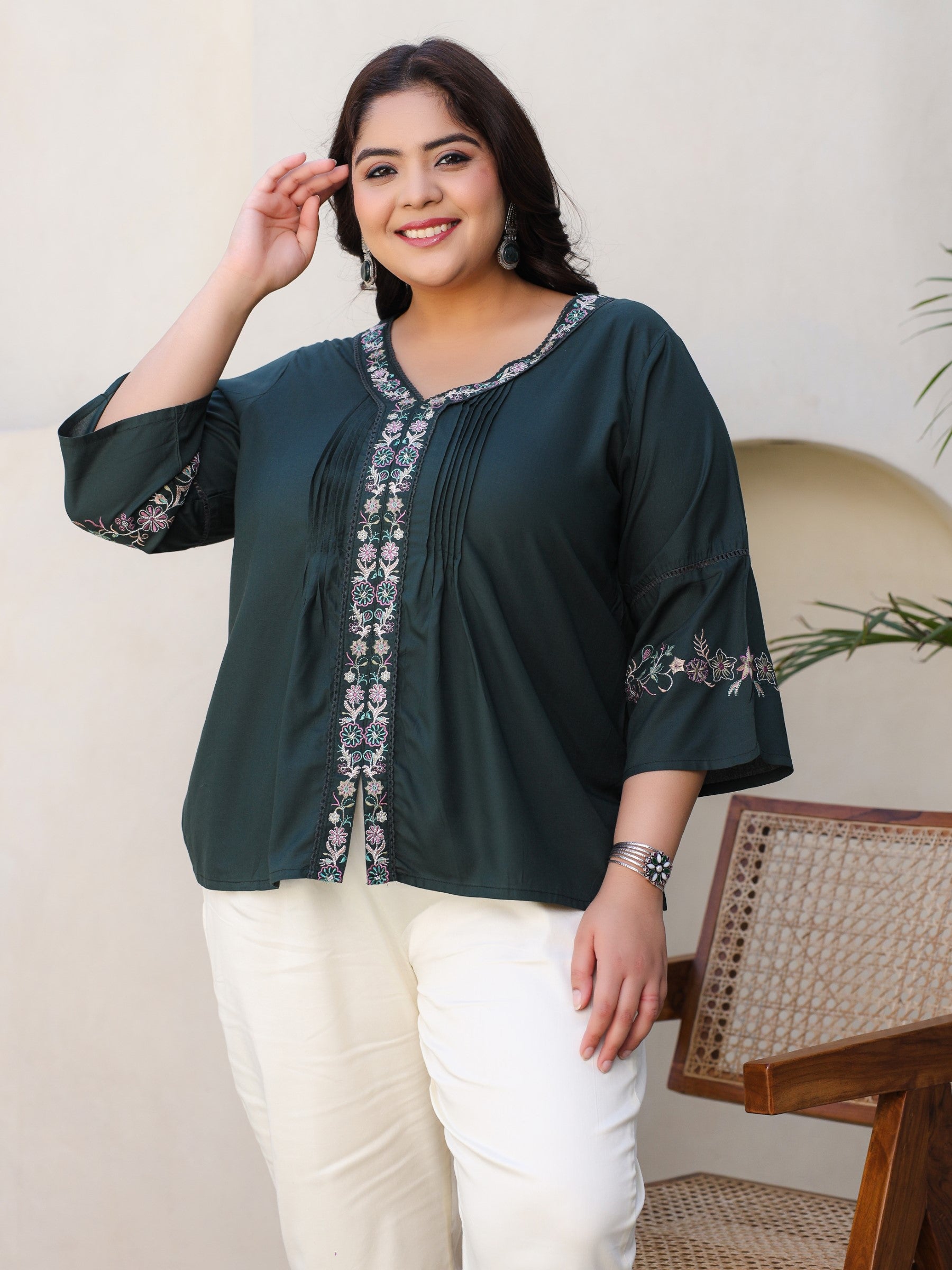 Juniper Green Modal Rayon Embroidered Plus Size Tunic With Pintucks At Front