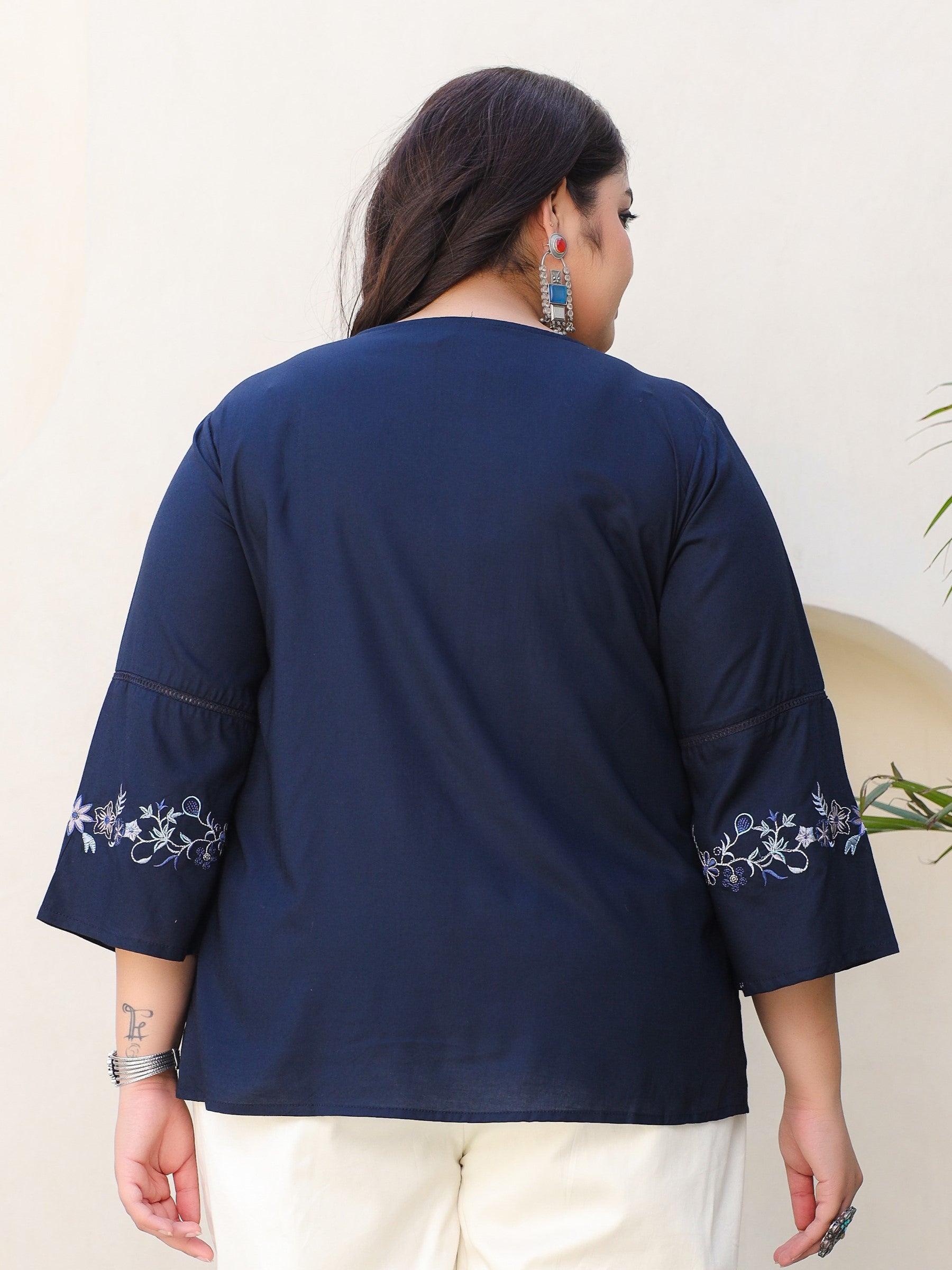 Navy Blue Modal Rayon Floral Embroidered Plus Size Tunic With Pintucks At Front