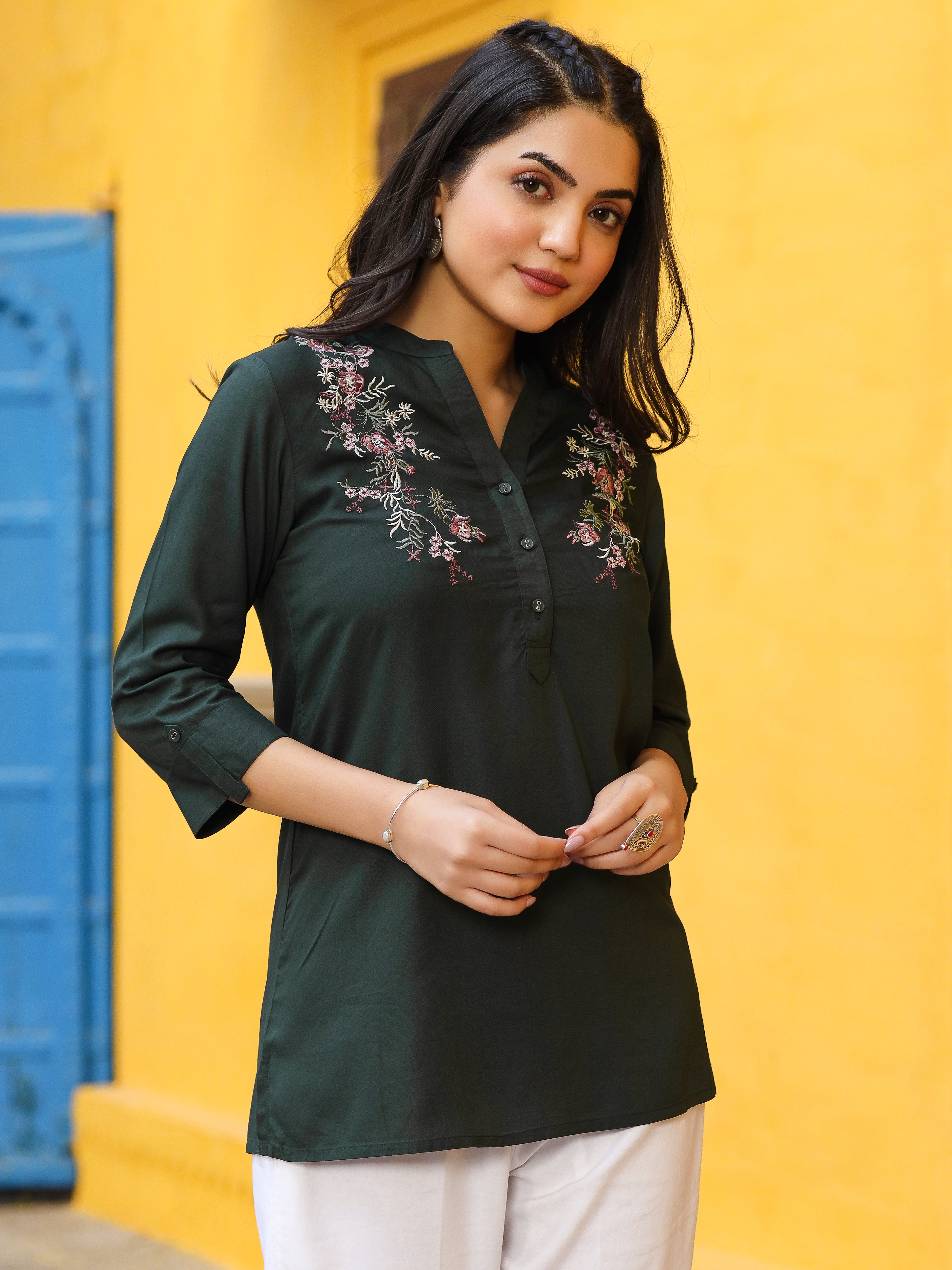 Green Rayon Solid with Embroidery Tunic