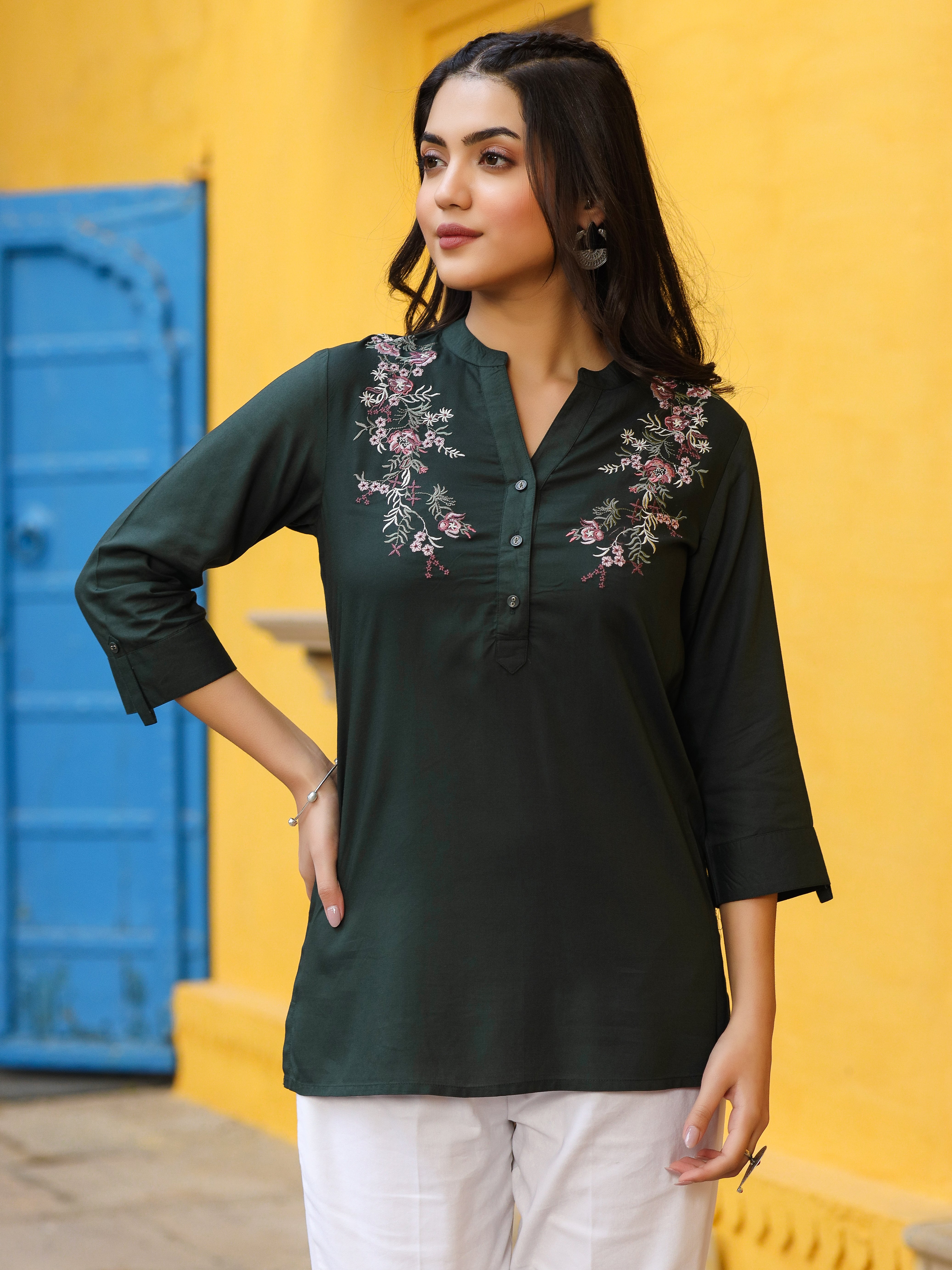 Green Rayon Solid with Embroidery Tunic