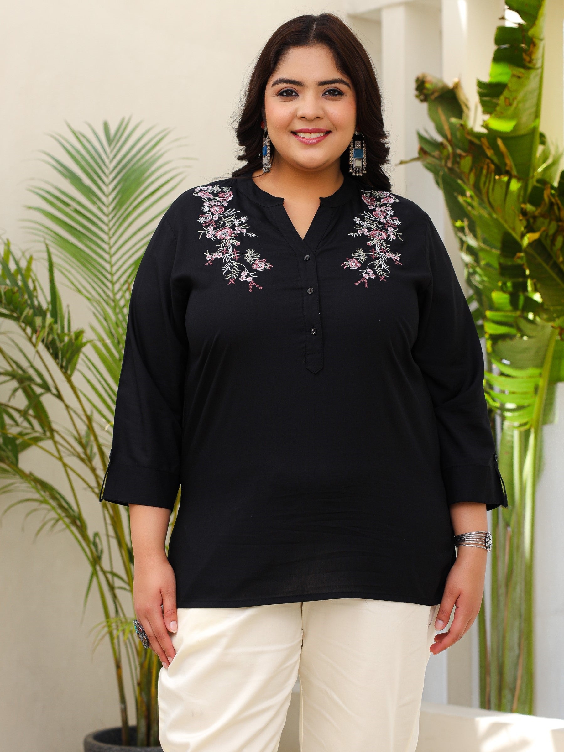 Black Rayon Plus Size Tunic With Thread Embroidery