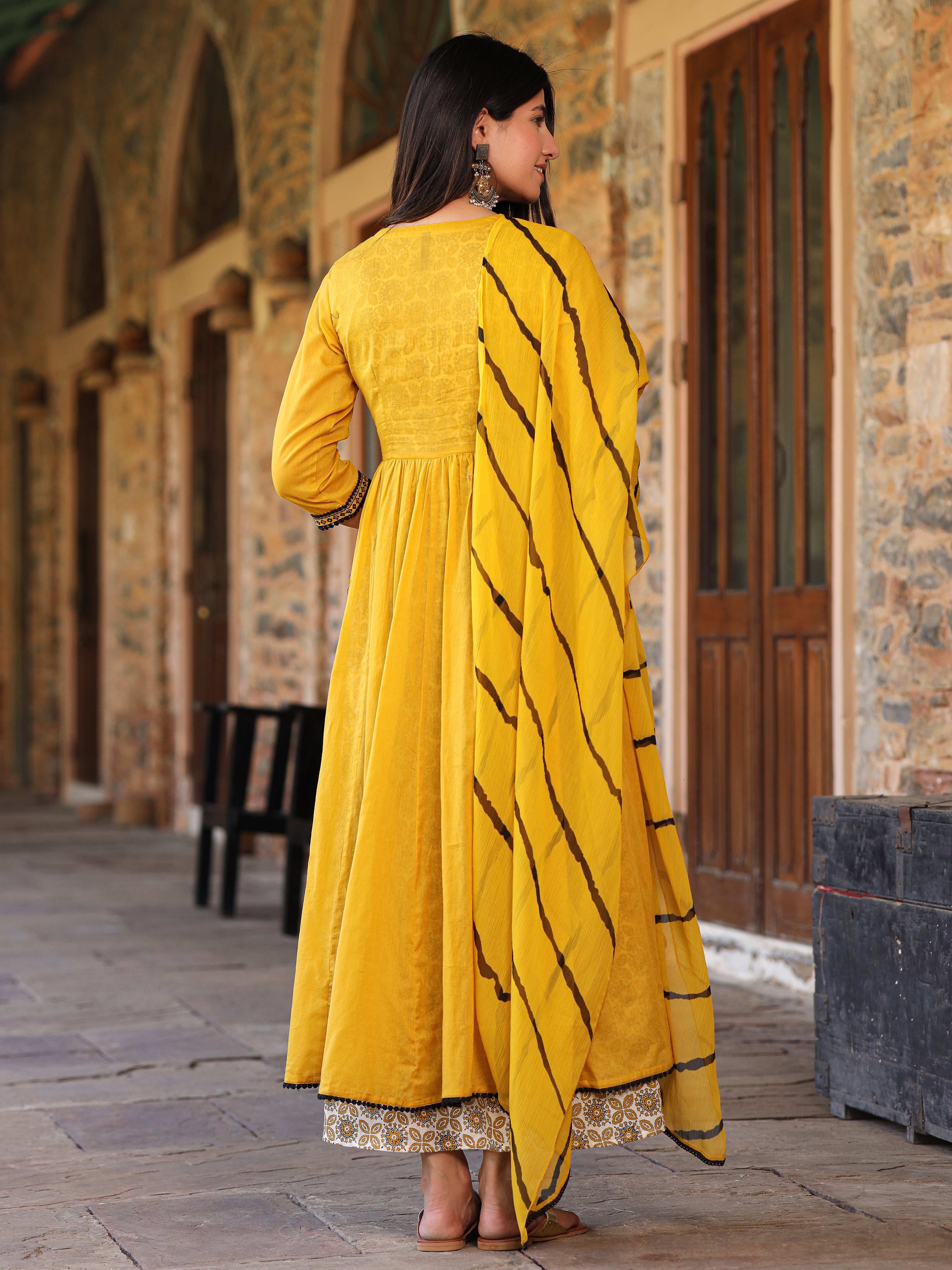 Juniper Mustard & Black Cotton Embroidered Anarkali Dress With Jacket & Tie-Dye Dupatta