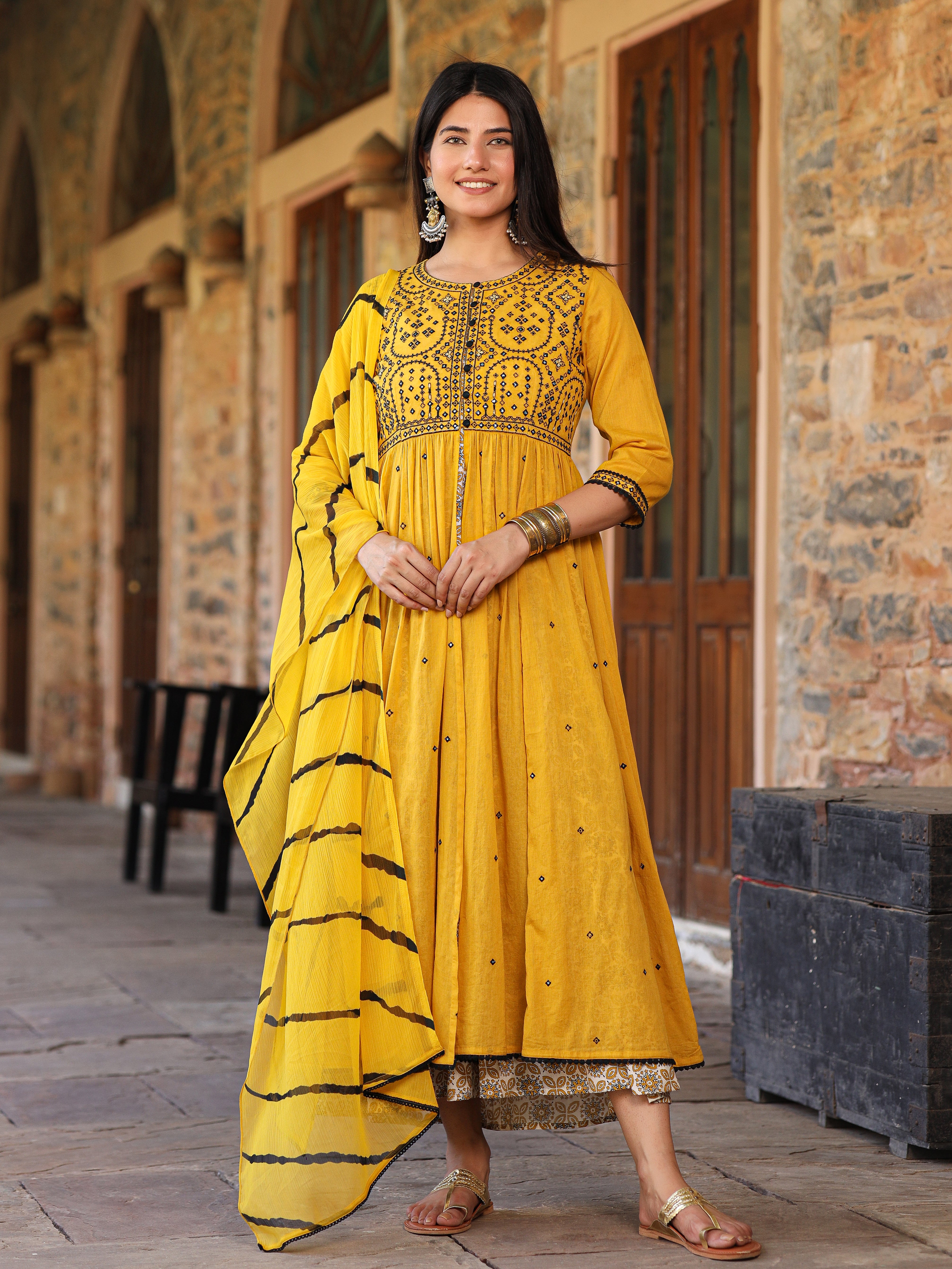 Juniper Mustard & Black Cotton Embroidered Anarkali Dress With Jacket & Tie-Dye Dupatta