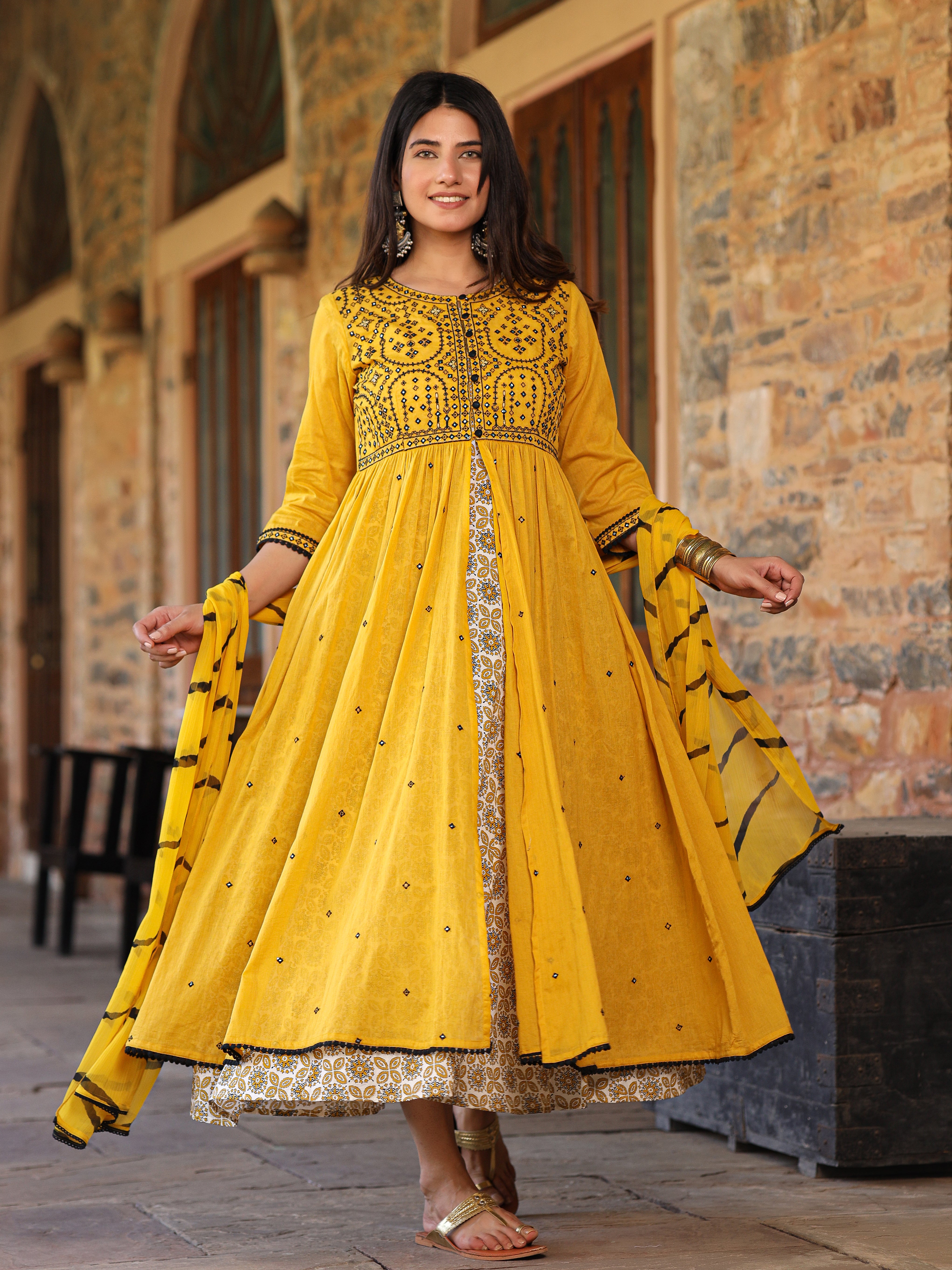 Juniper Mustard & Black Cotton Embroidered Anarkali Dress With Jacket & Tie-Dye Dupatta