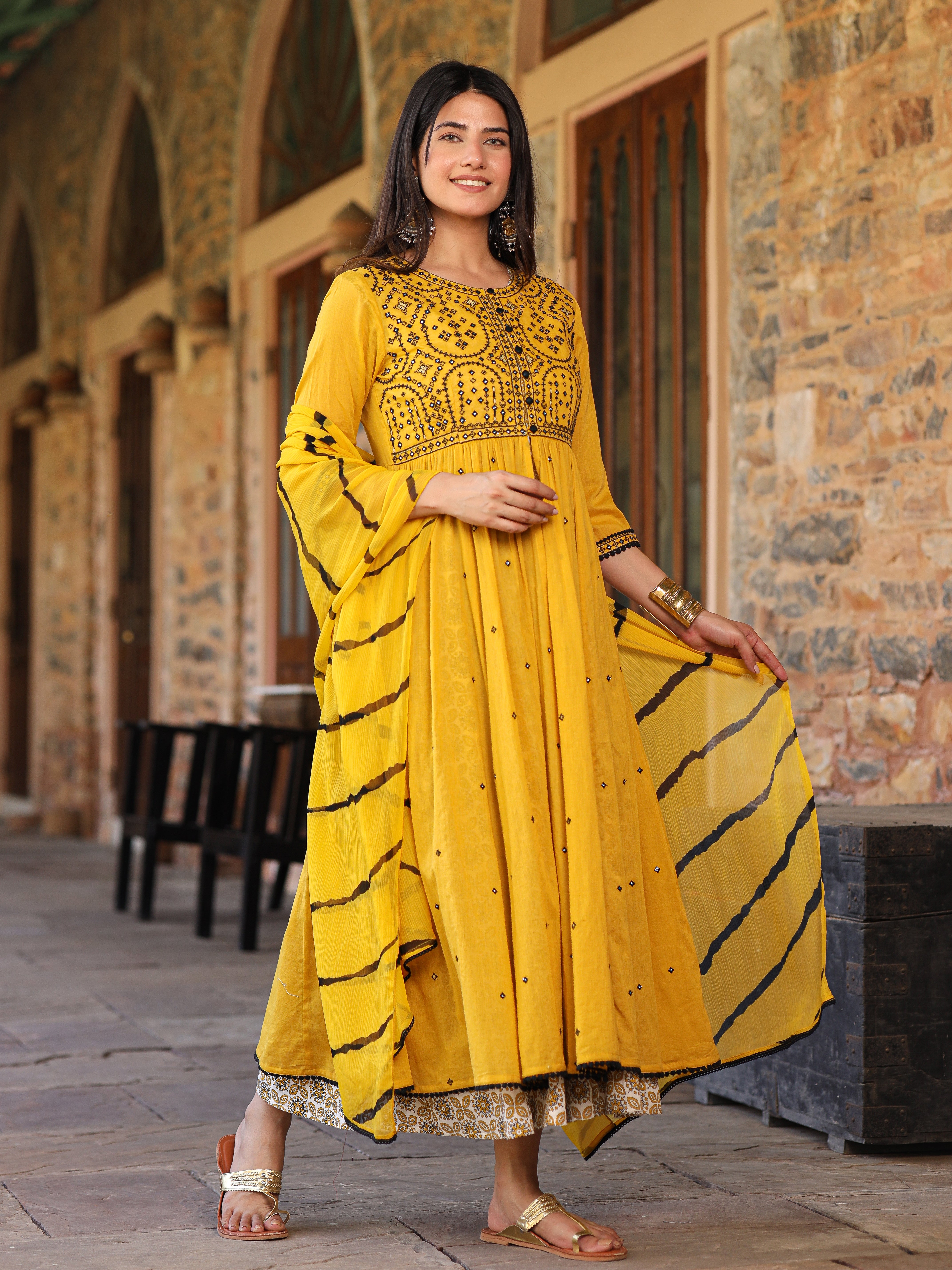 Juniper Mustard & Black Cotton Embroidered Anarkali Dress With Jacket & Tie-Dye Dupatta