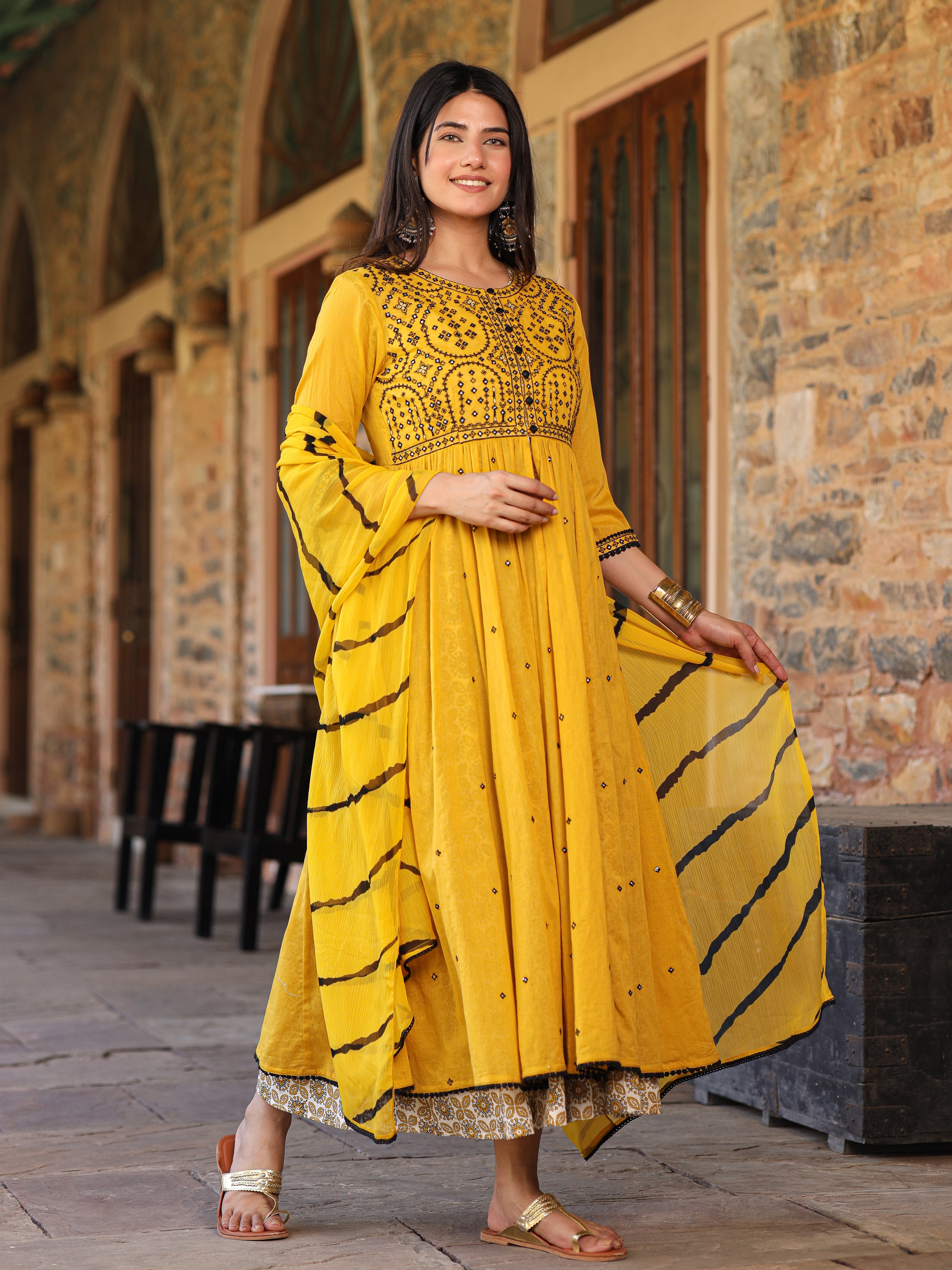 Juniper Mustard & Black Cotton Embroidered Anarkali Dress With Jacket & Tie-Dye Dupatta