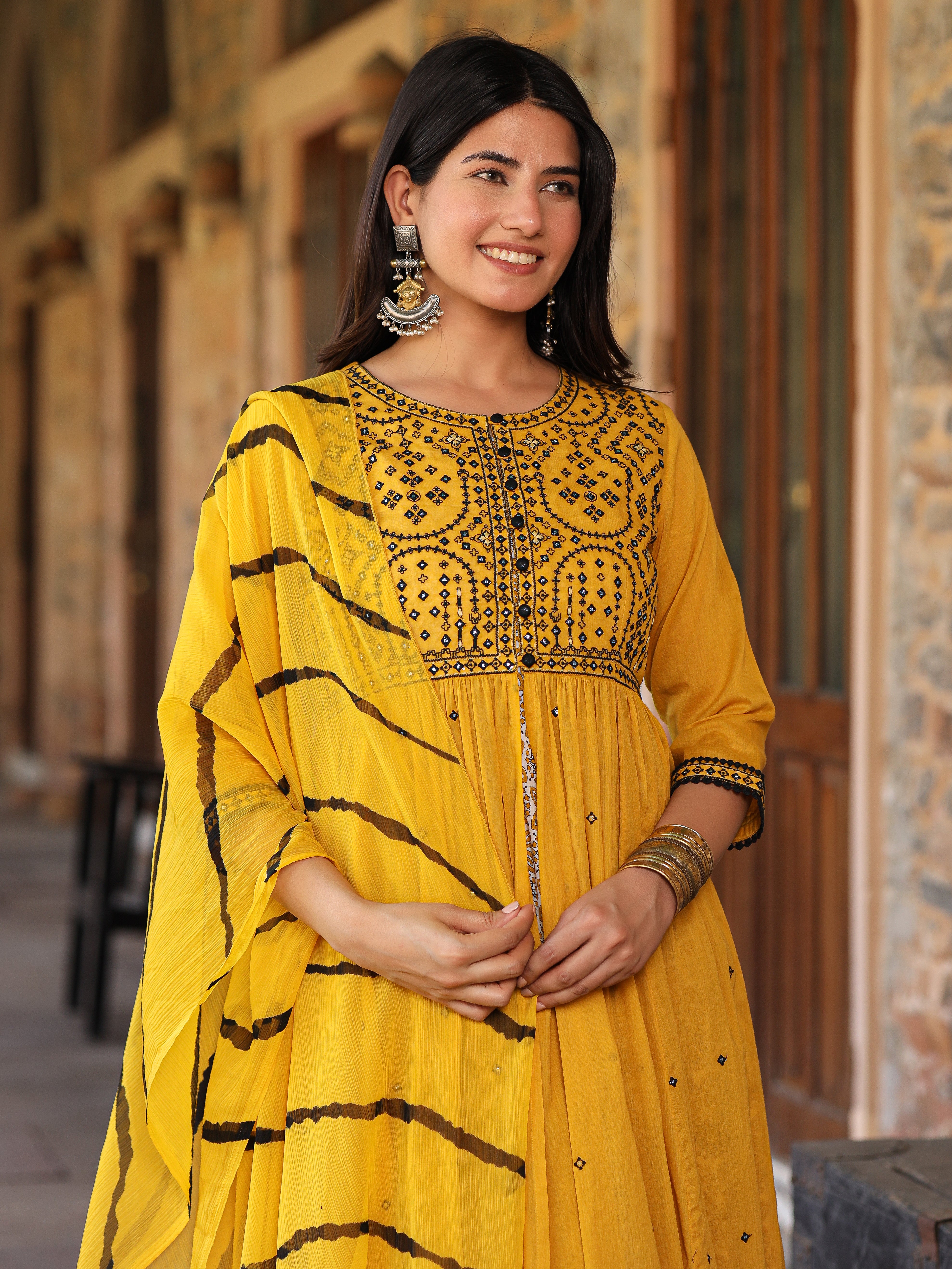 Juniper Mustard & Black Cotton Embroidered Anarkali Dress With Jacket & Tie-Dye Dupatta