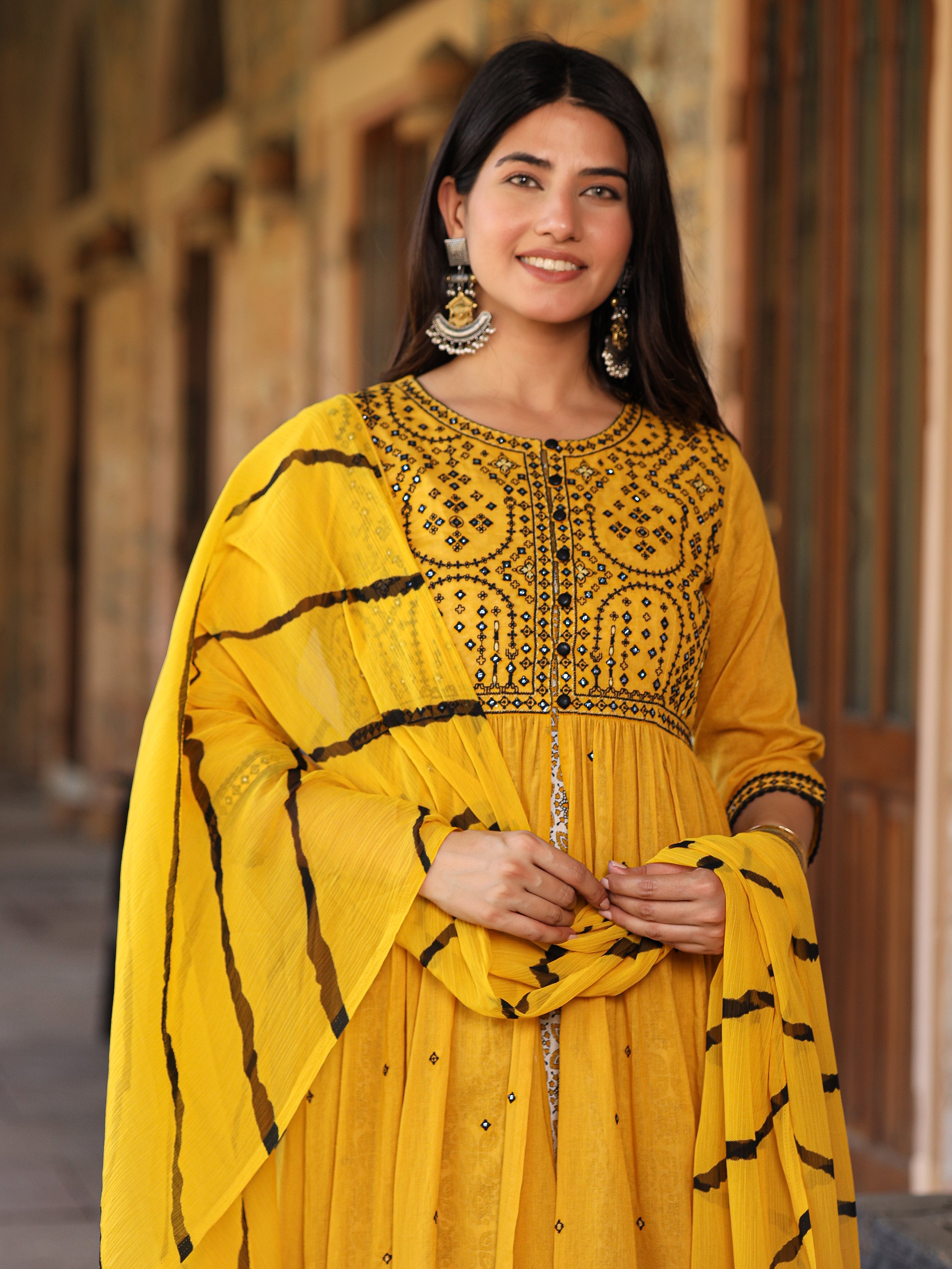 Juniper Mustard & Black Cotton Embroidered Anarkali Dress With Jacket & Tie-Dye Dupatta