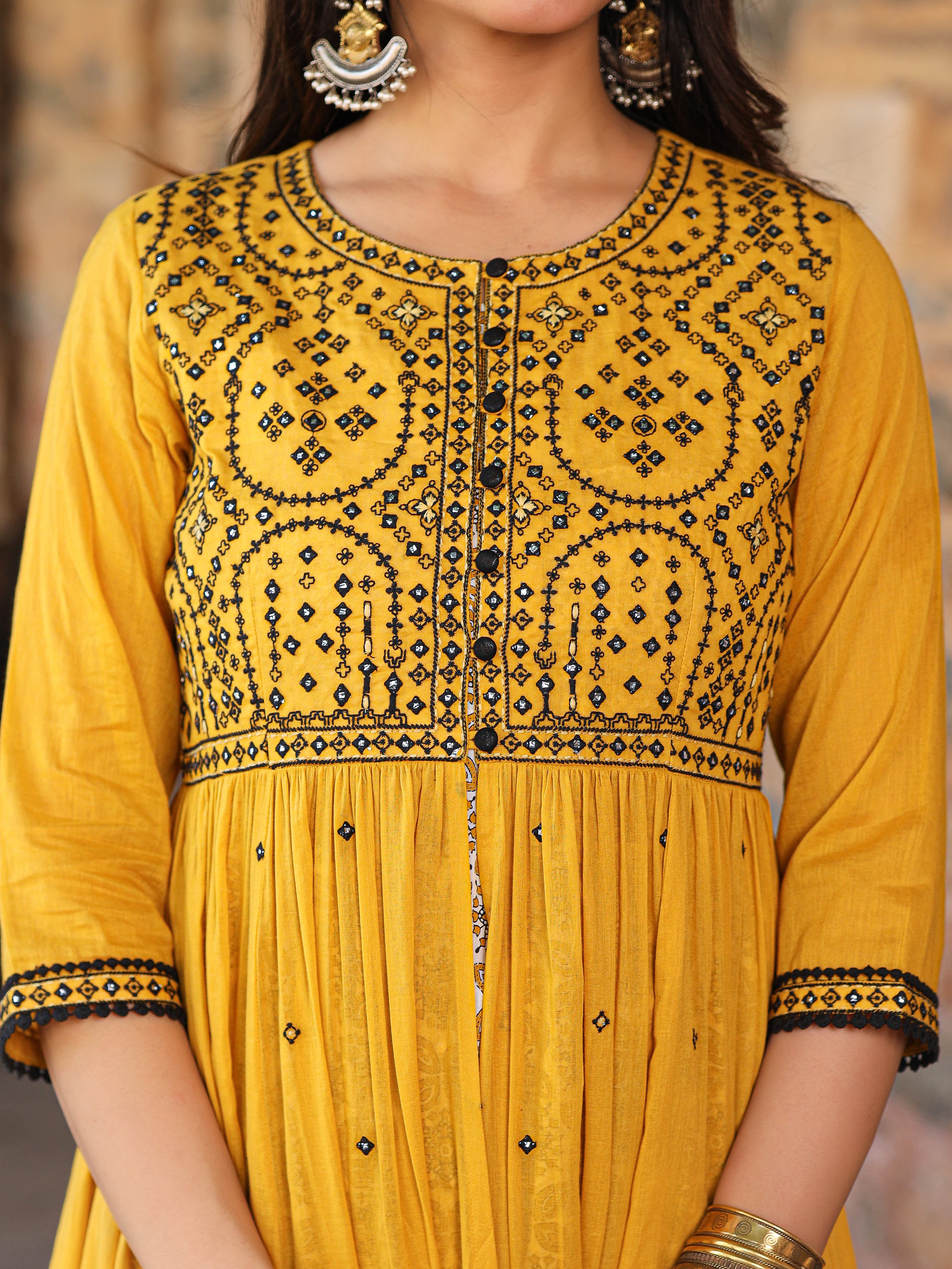 Juniper Mustard & Black Cotton Embroidered Anarkali Dress With Jacket & Tie-Dye Dupatta