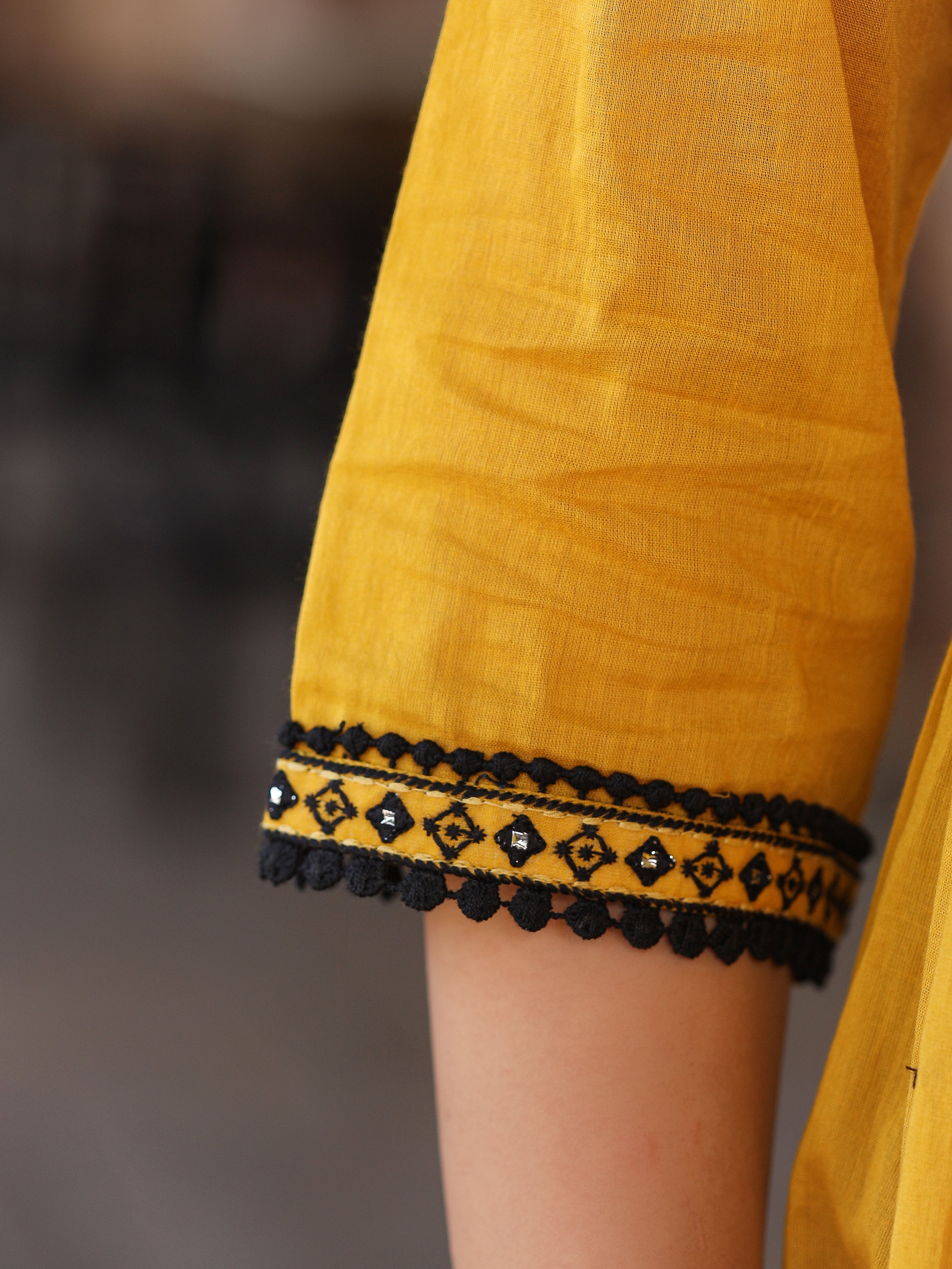 Juniper Mustard & Black Cotton Embroidered Anarkali Dress With Jacket & Tie-Dye Dupatta