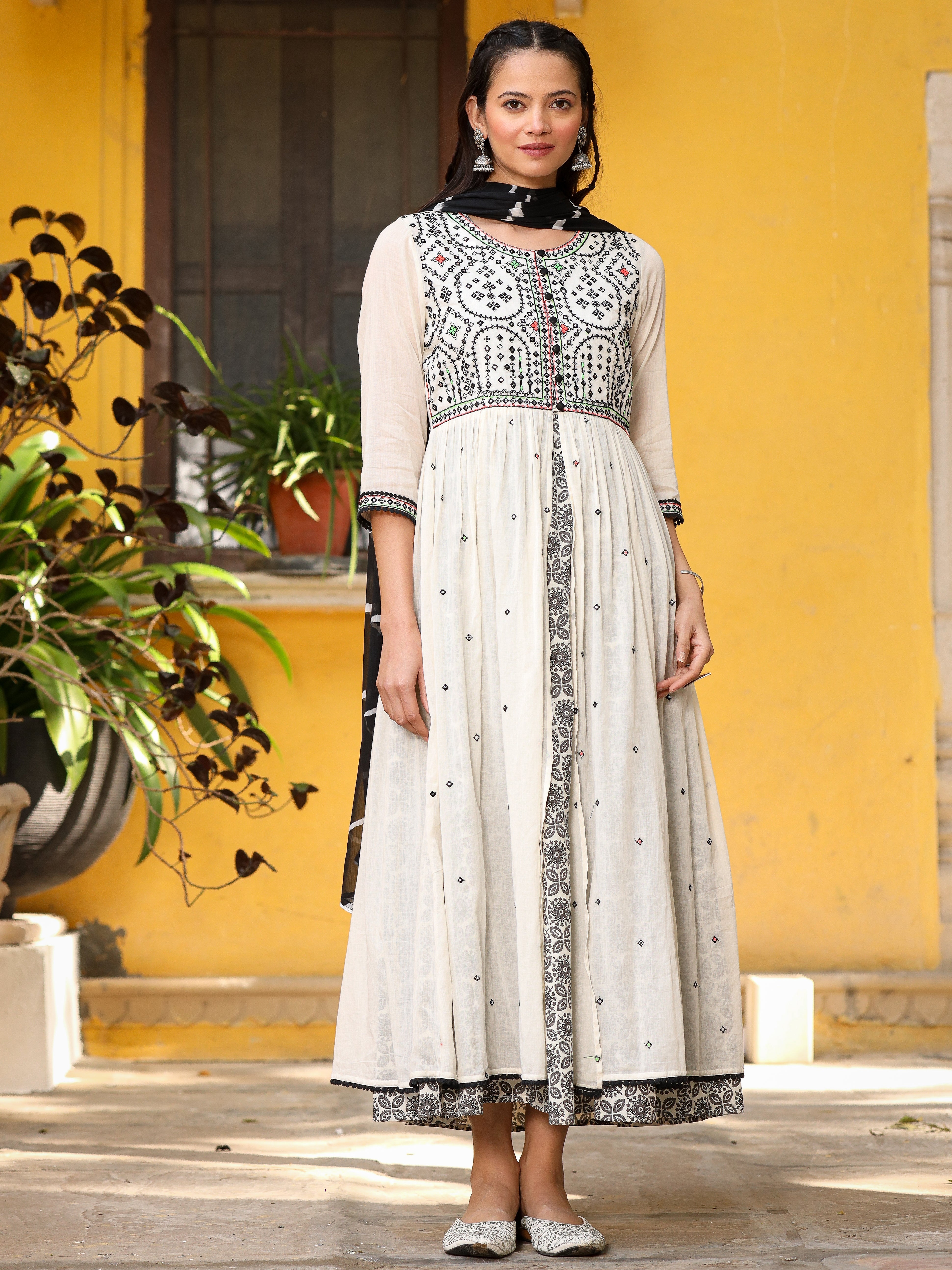 Juniper Off-White & Black Cotton Embroidered Anarkali Dress With Jacket & Tie-Dye Dupatta