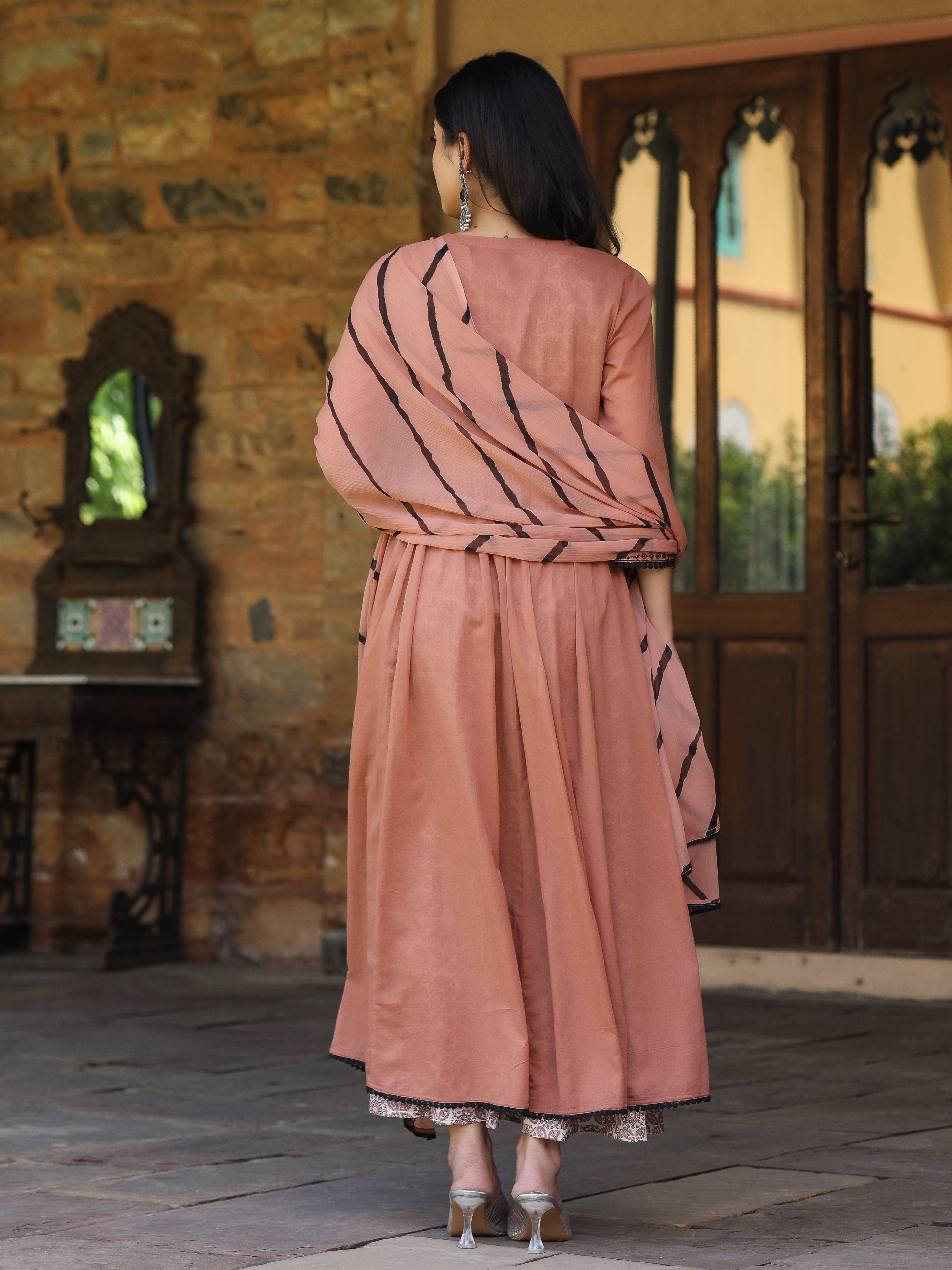 Juniper Onion Pink & Black Cotton Embroidered Anarkali Dress With Jacket & Tie-Dye Dupatta