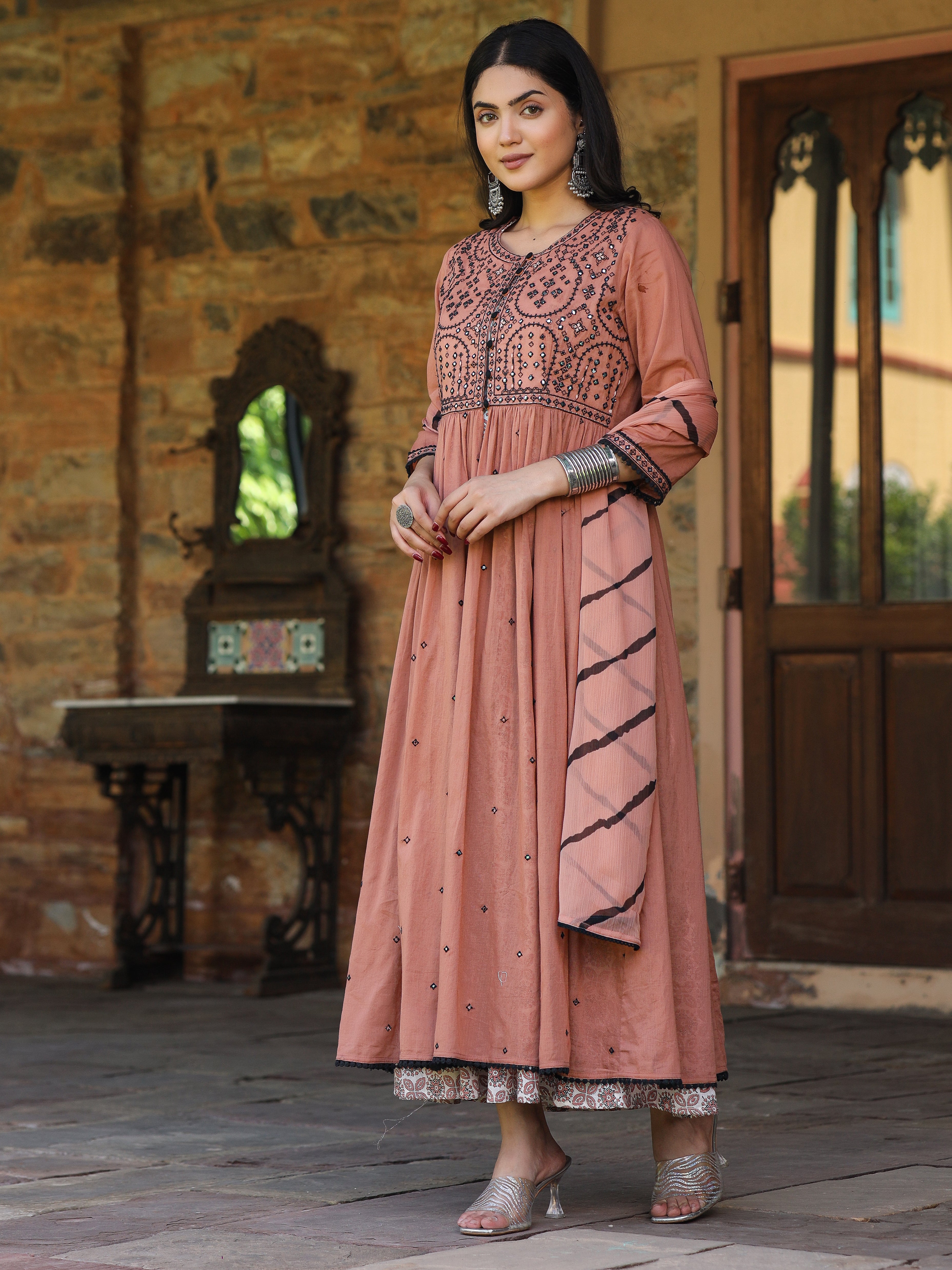 Juniper Onion Pink & Black Cotton Embroidered Anarkali Dress With Jacket & Tie-Dye Dupatta