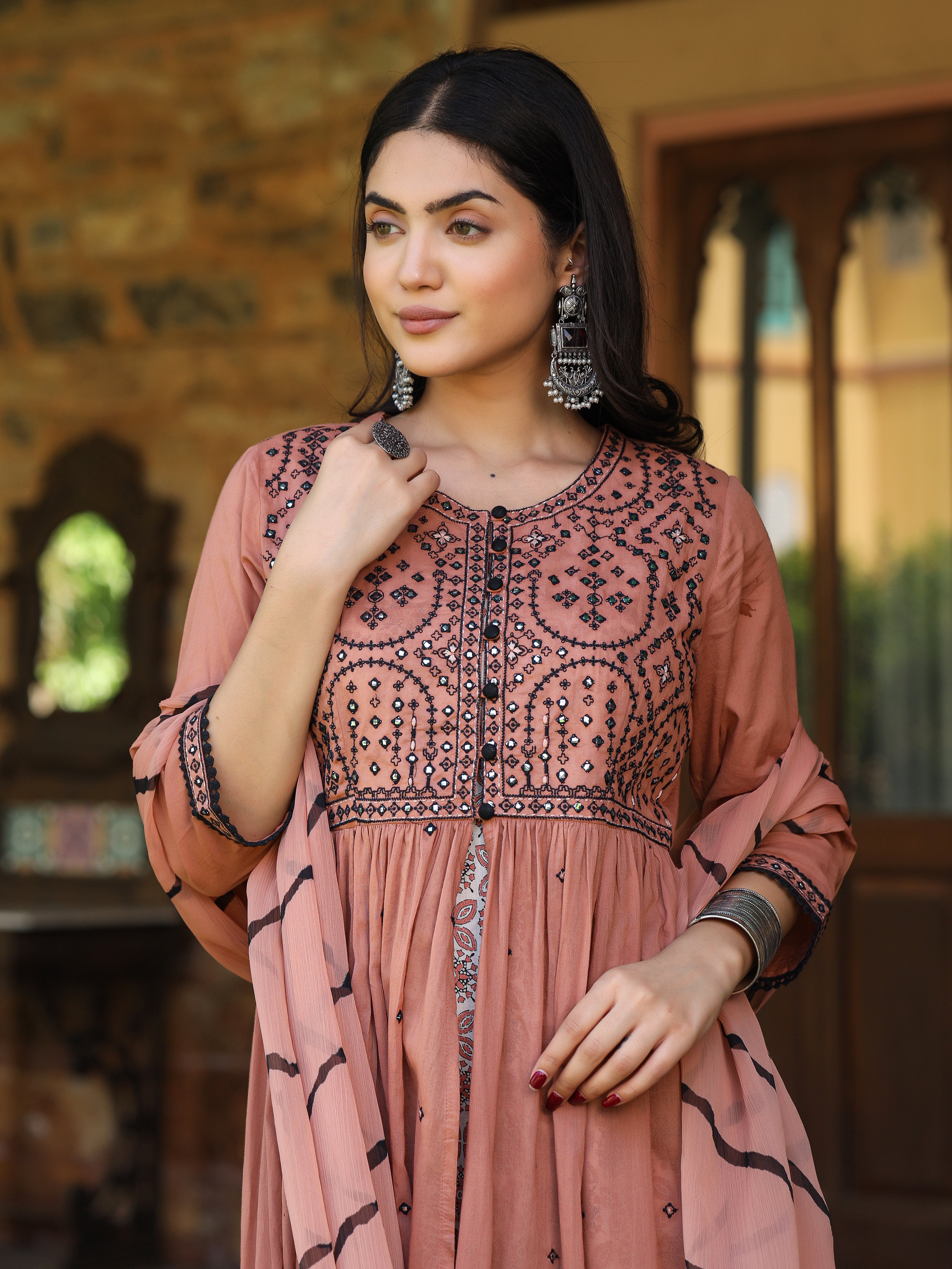 Juniper Onion Pink & Black Cotton Embroidered Anarkali Dress With Jacket & Tie-Dye Dupatta
