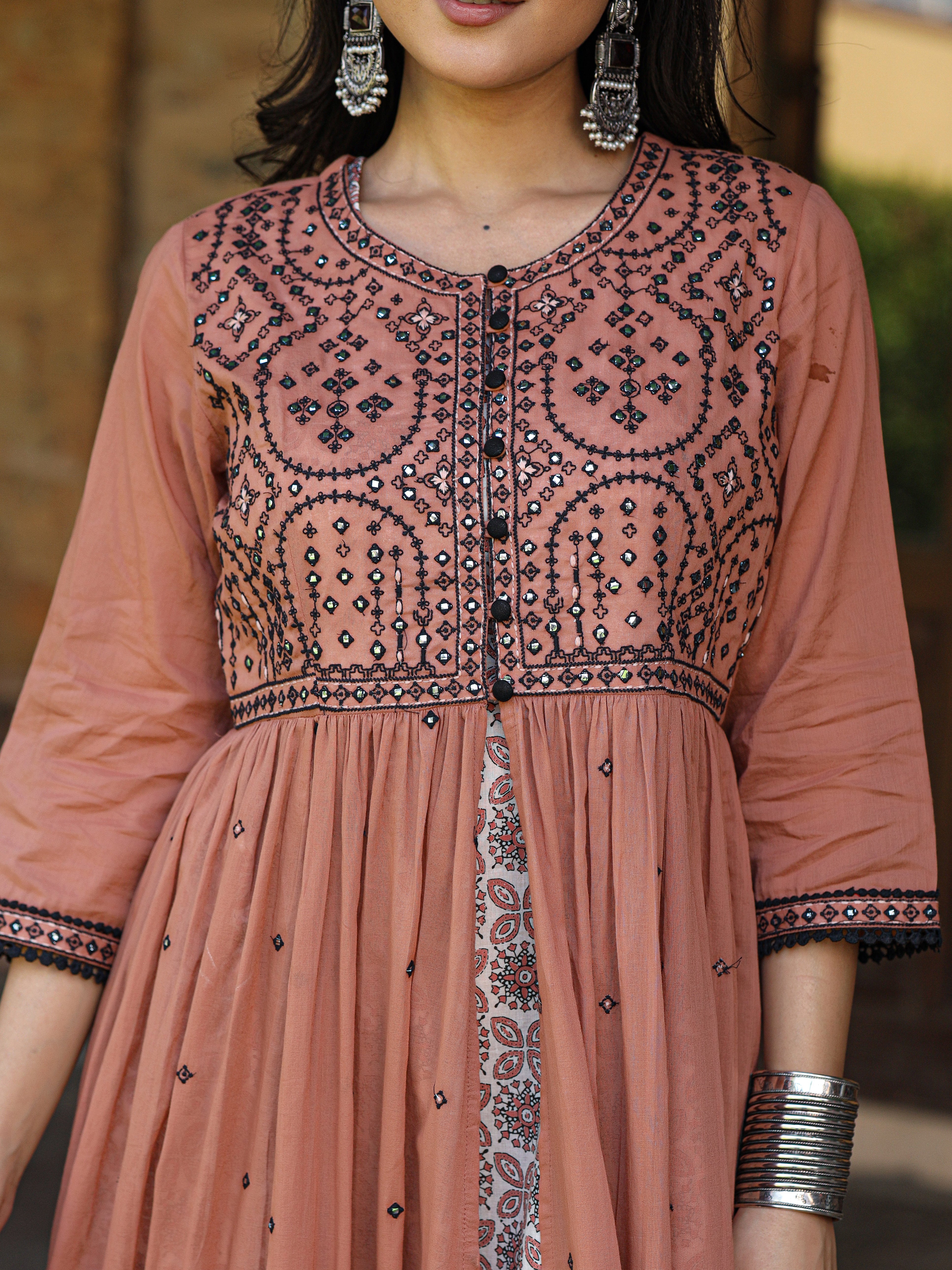 Juniper Onion Pink & Black Cotton Embroidered Anarkali Dress With Jacket & Tie-Dye Dupatta