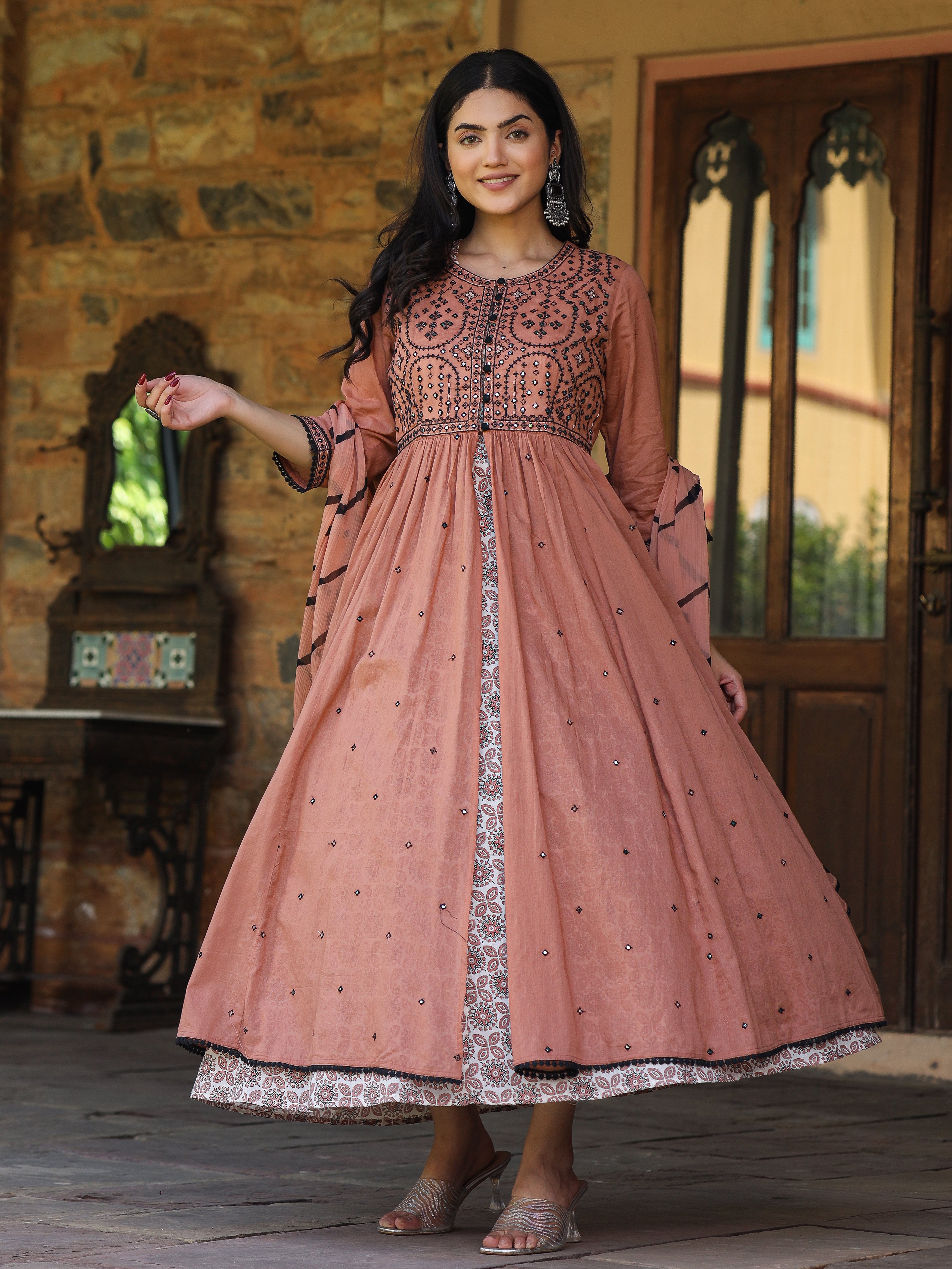 Juniper Onion Pink & Black Cotton Embroidered Anarkali Dress With Jacket & Tie-Dye Dupatta