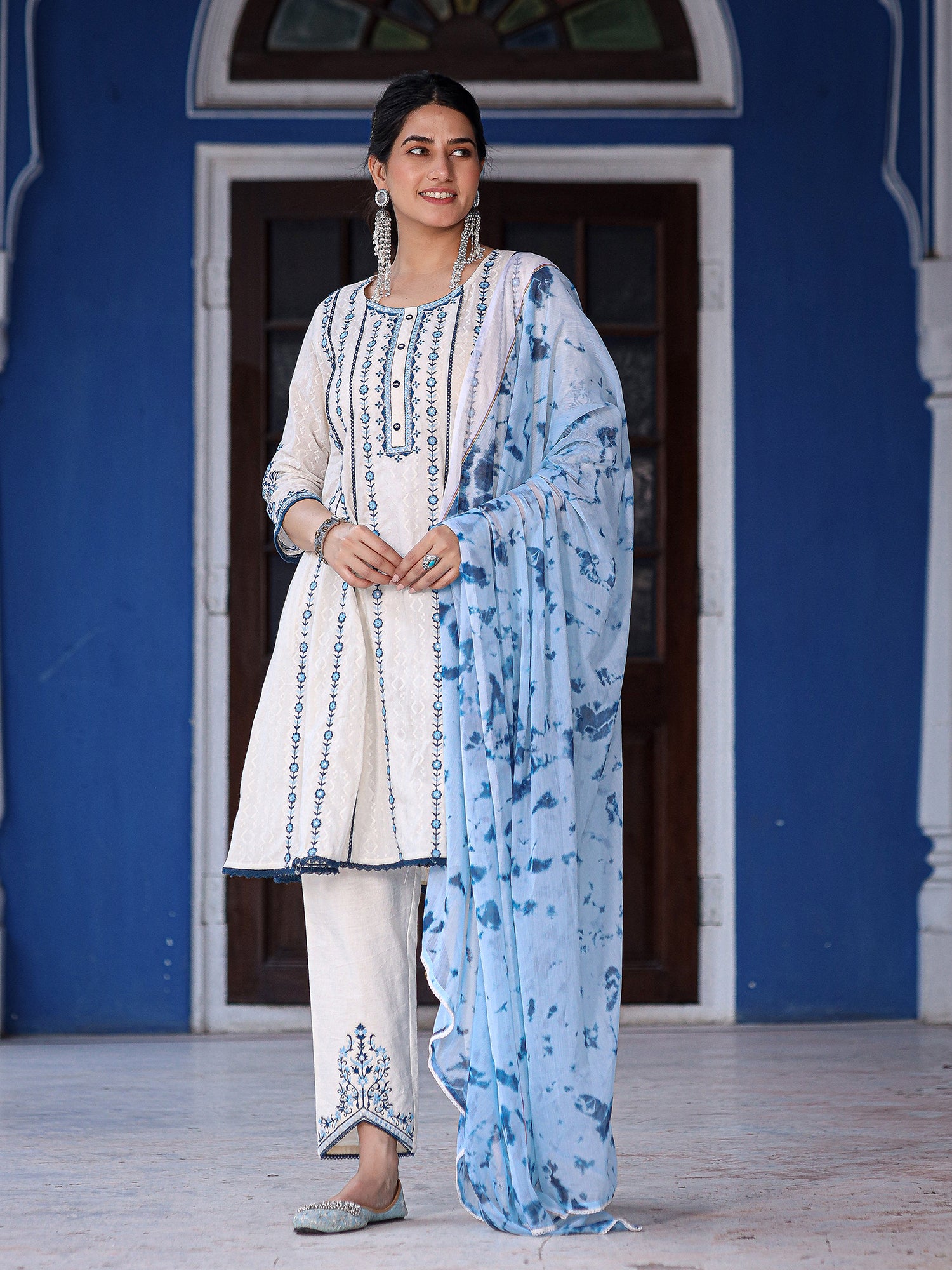 Juniper White & Blue Cotton Dobby Thread Embroidered Kurta With Pants Set With Chiffon Dupatta