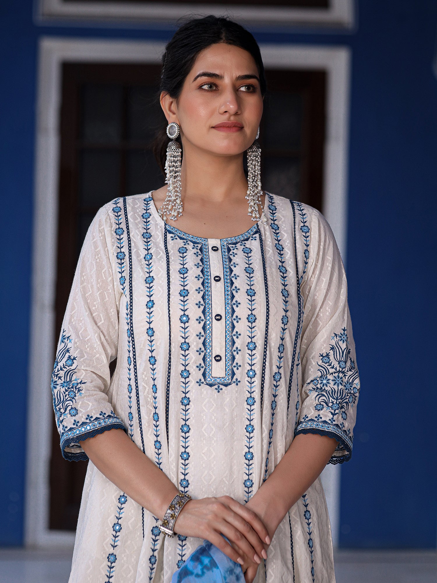 Juniper White & Blue Cotton Dobby Thread Embroidered Kurta With Pants Set With Chiffon Dupatta