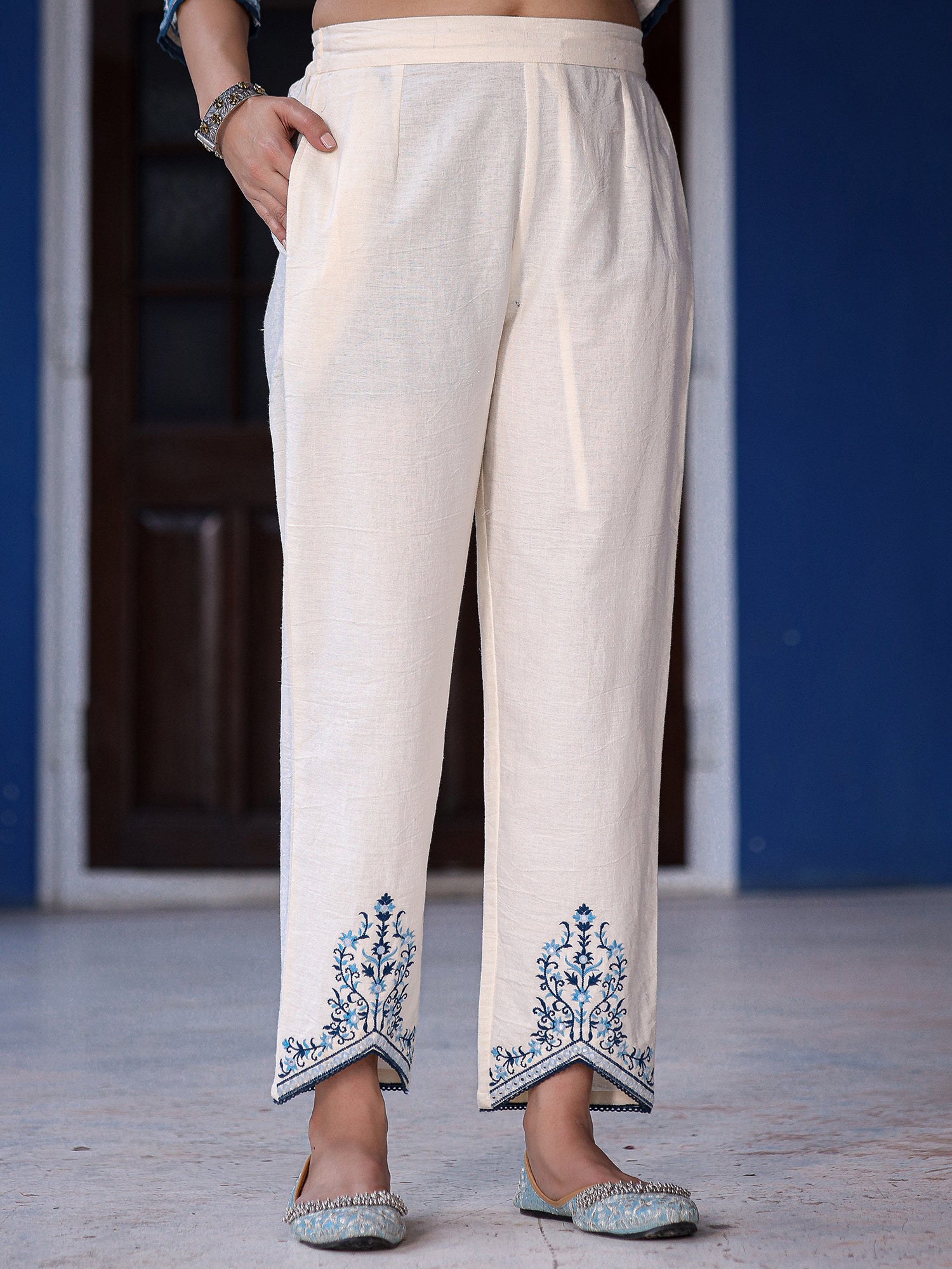 Juniper White & Blue Cotton Dobby Thread Embroidered Kurta With Pants Set With Chiffon Dupatta