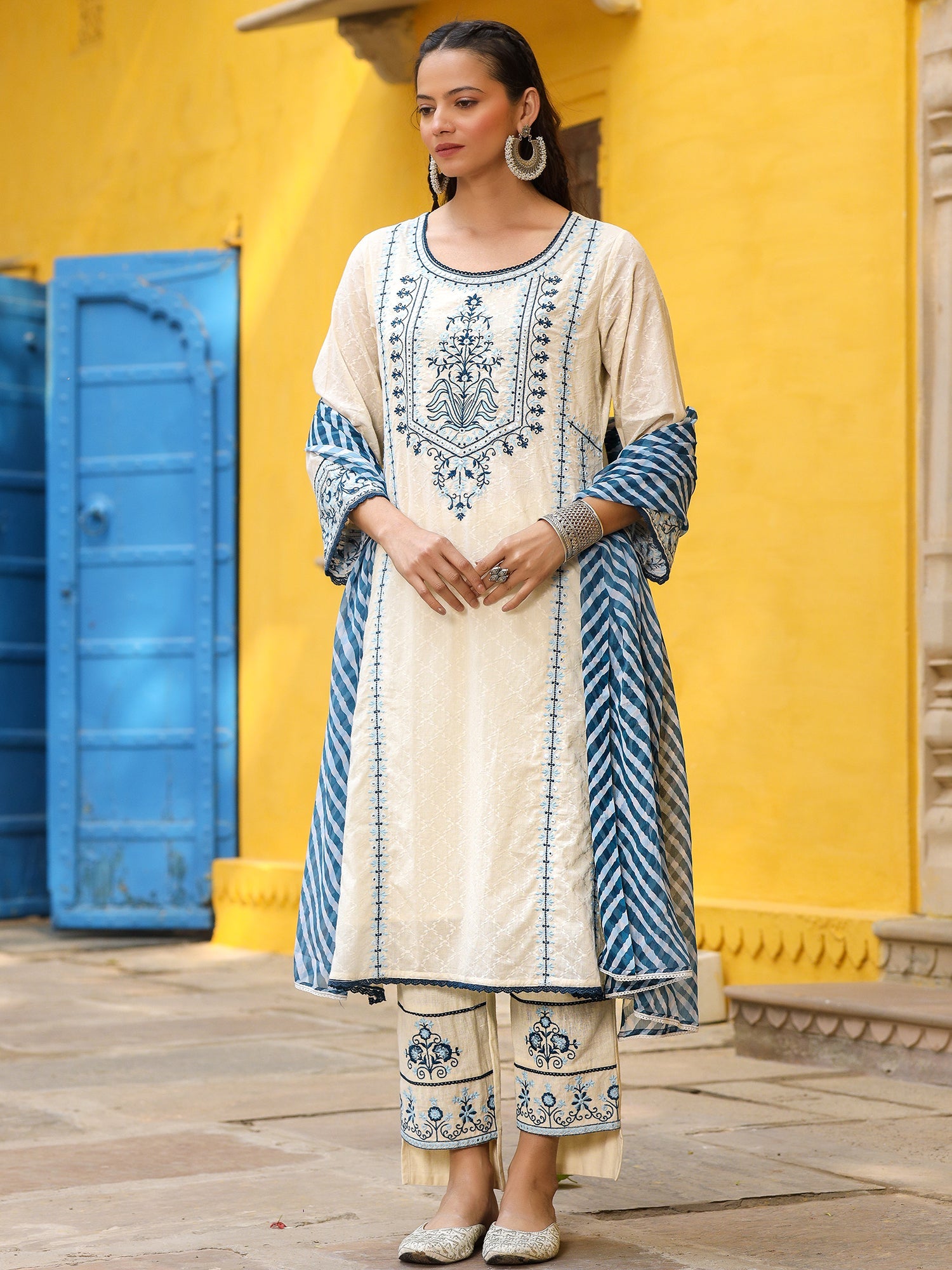 Juniper White & Blue Cotton Dobby Thread Embroidered Straight Kurta With Pant Set And Chiffon Dupatta
