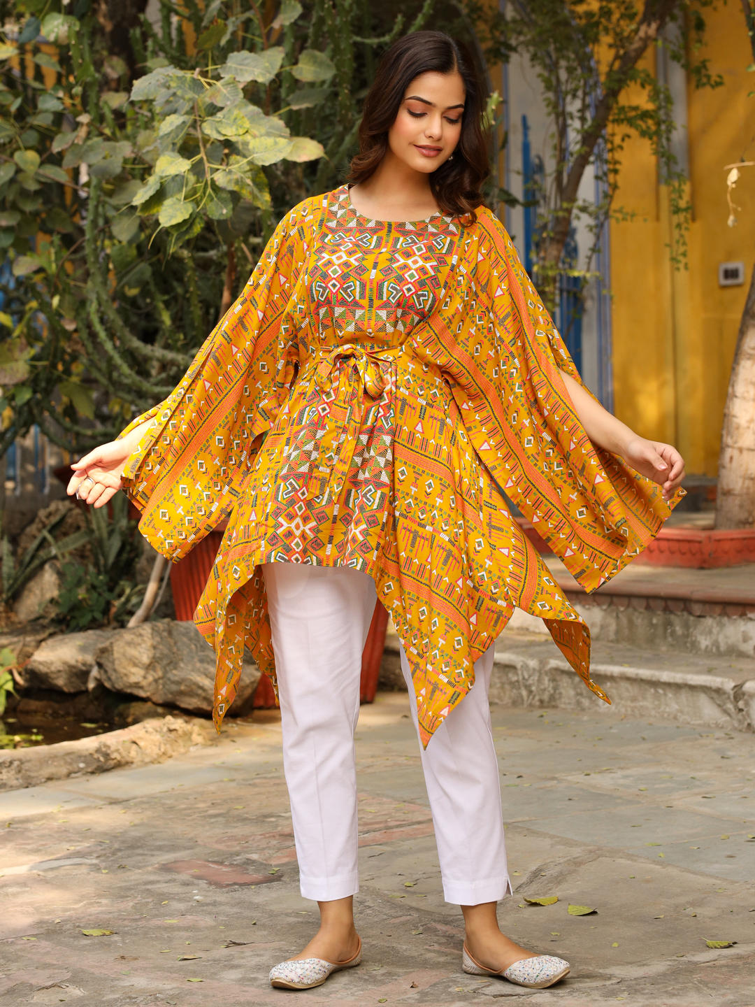 Juniper The Crafted Geometrics Mustard Ikat Printed Rayon Kaftan Dress