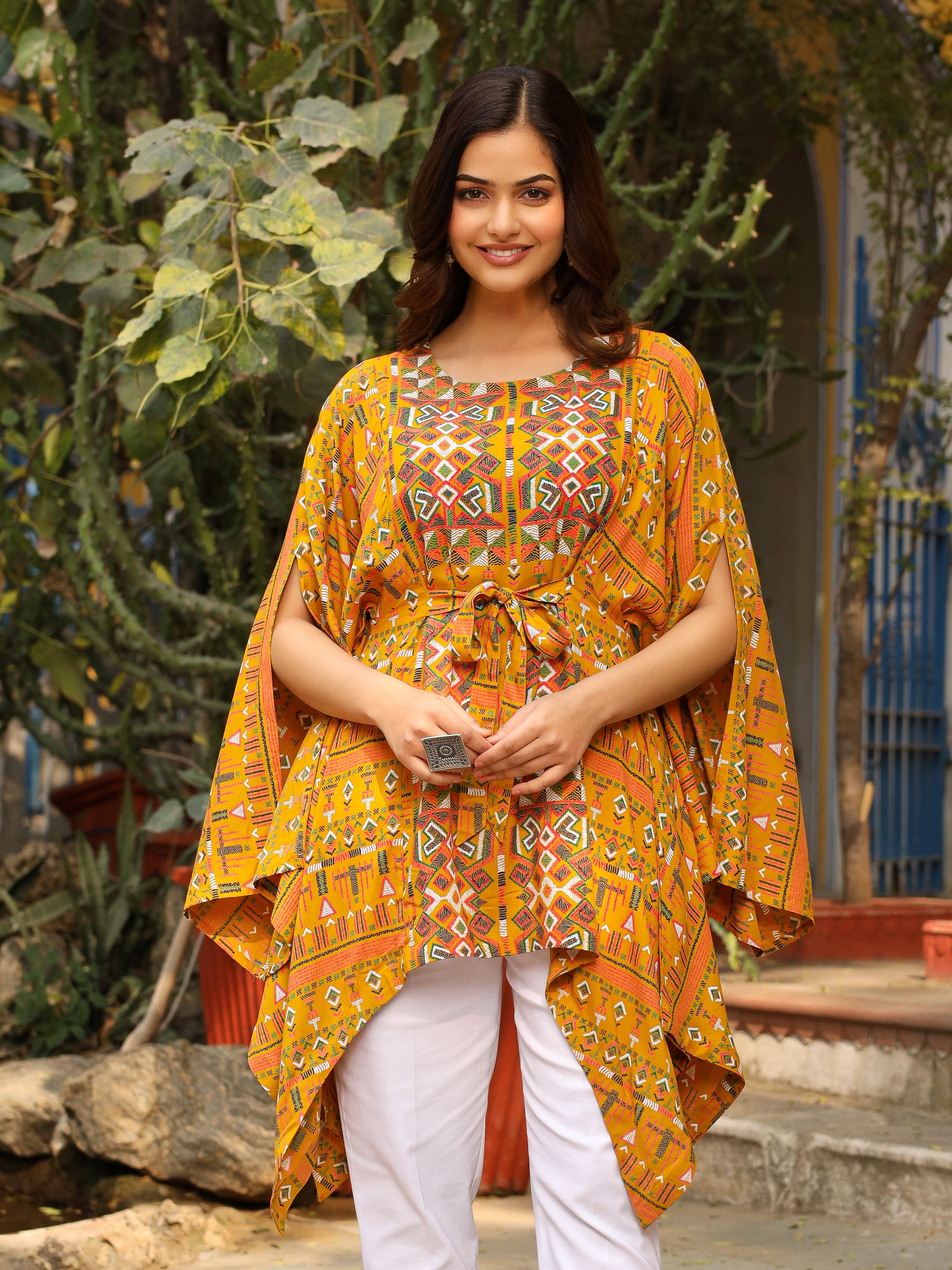 Juniper The Crafted Geometrics Mustard Ikat Printed Rayon Kaftan Dress