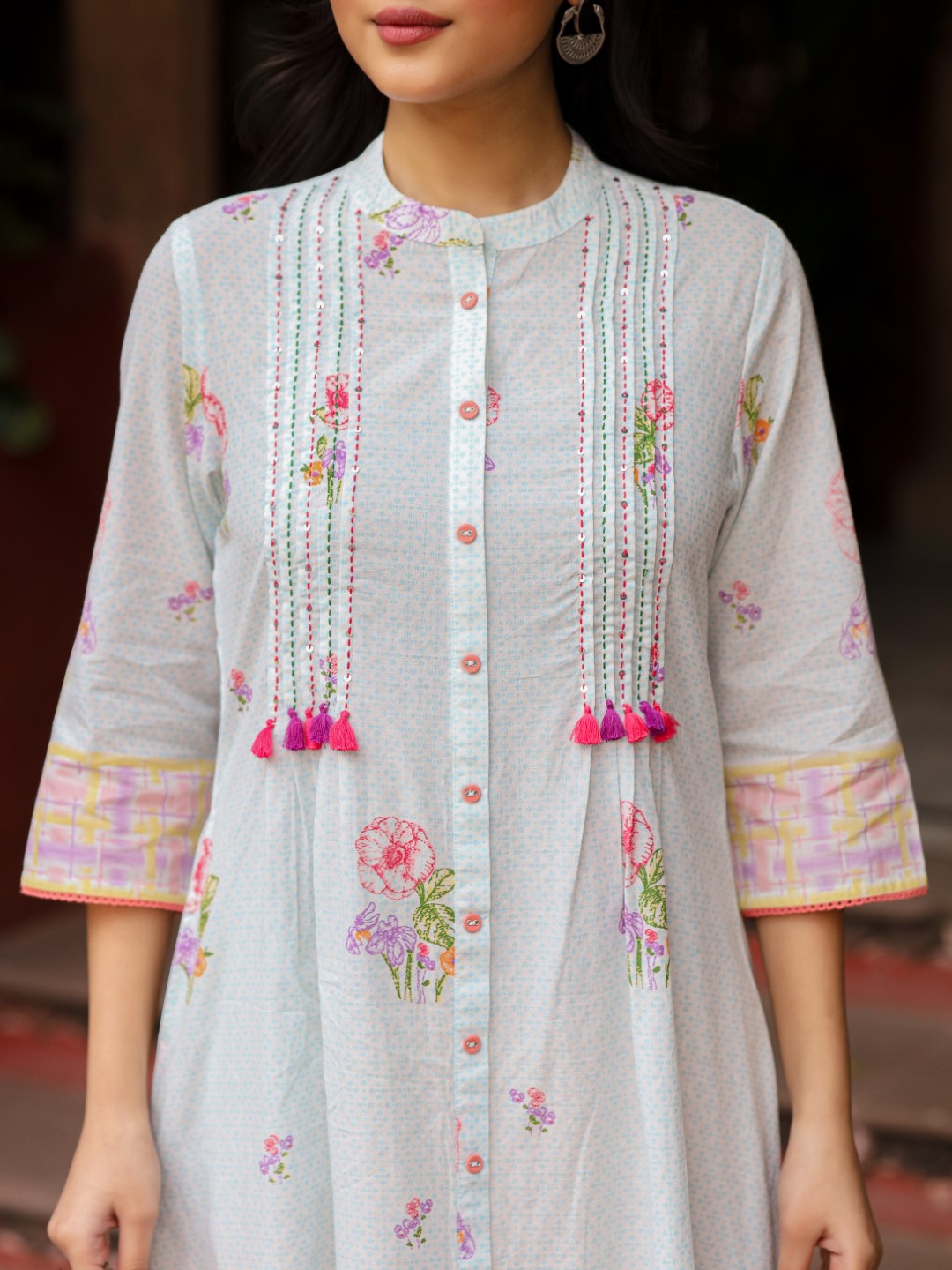 Juniper Mint Floral Printed Pure Cotton Dress With Sequins Work