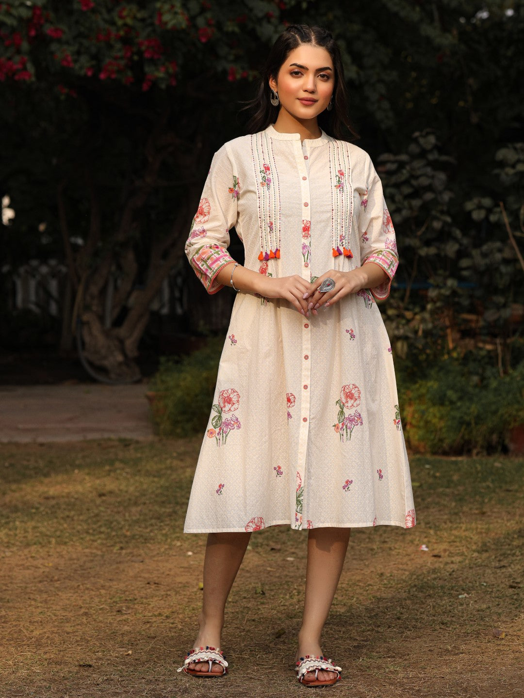 Juniper White Floral Printed A-Line Pleated Cotton Dress With Kantha Work & Tassels