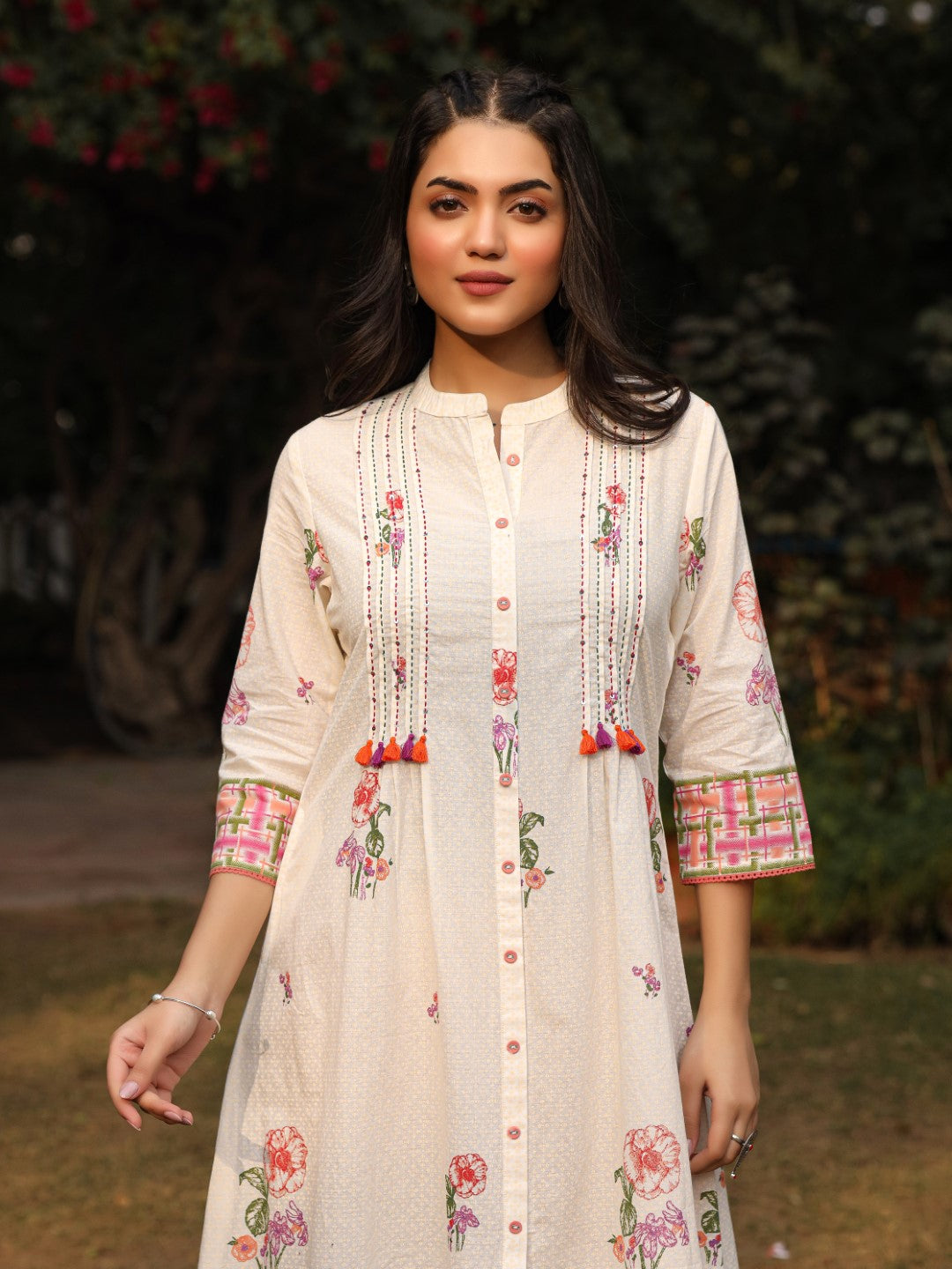 Juniper White Floral Printed A-Line Pleated Cotton Dress With Kantha Work & Tassels