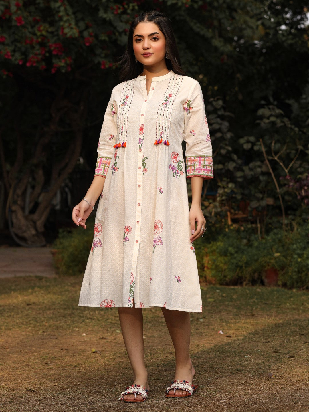 Juniper White Floral Printed A-Line Pleated Cotton Dress With Kantha Work & Tassels