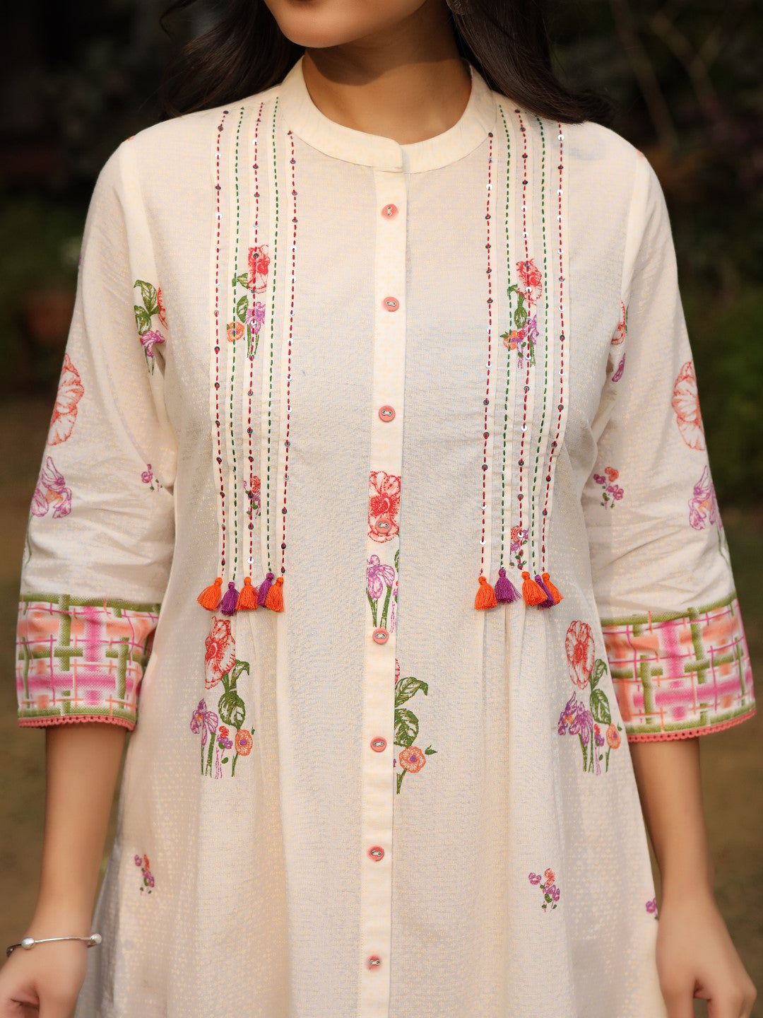 Juniper White Floral Printed A-Line Pleated Cotton Dress With Kantha Work & Tassels