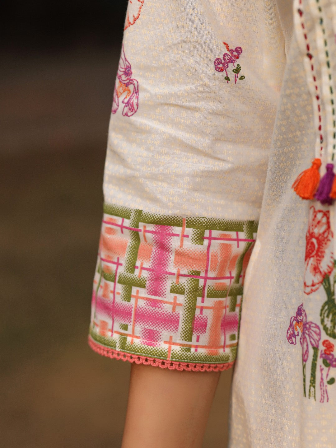 Juniper White Floral Printed A-Line Pleated Cotton Dress With Kantha Work & Tassels