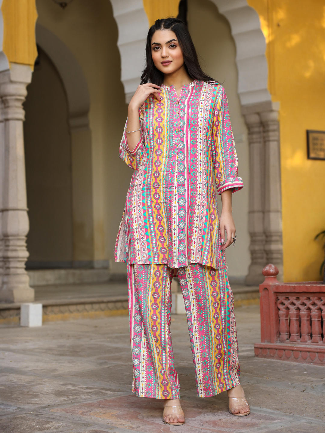 Juniper Multi-Color Ethnic Motif Printed Rayon Kurta With Palazzos Set