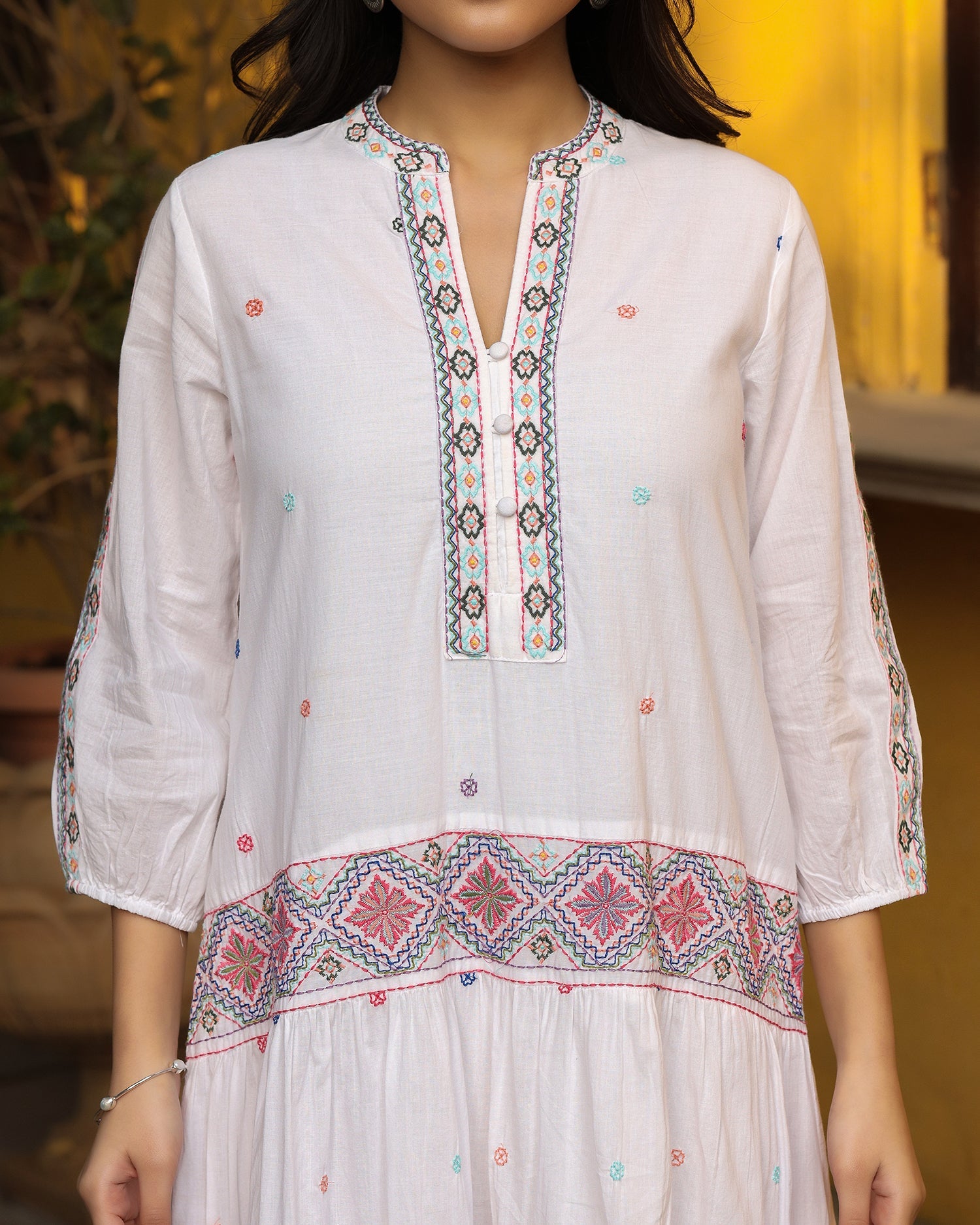 Juniper White Pure Cotton Tiered Maxi Dress With Multi-Colored Embroidery Work