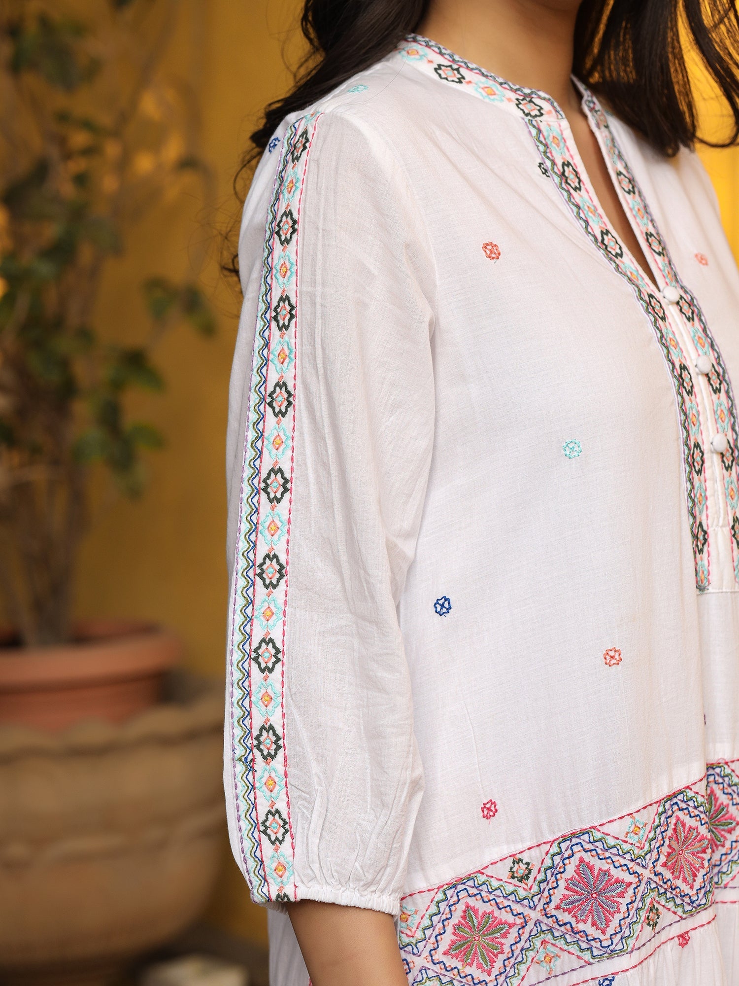 Juniper White Pure Cotton Tiered Maxi Dress With Multi-Colored Embroidery Work