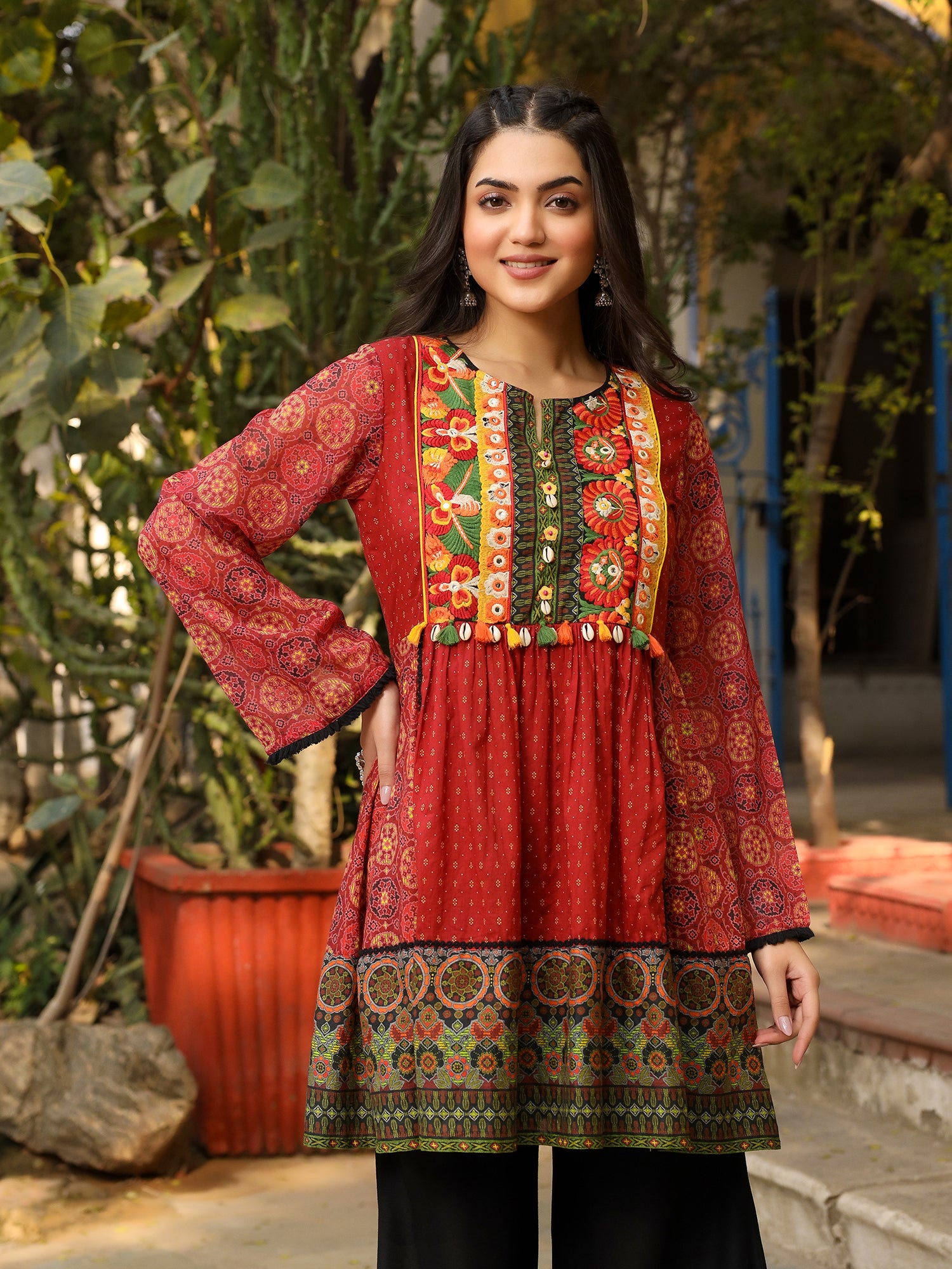 Rust Cotton Voile Printed & Embroidered Peplum Tunic