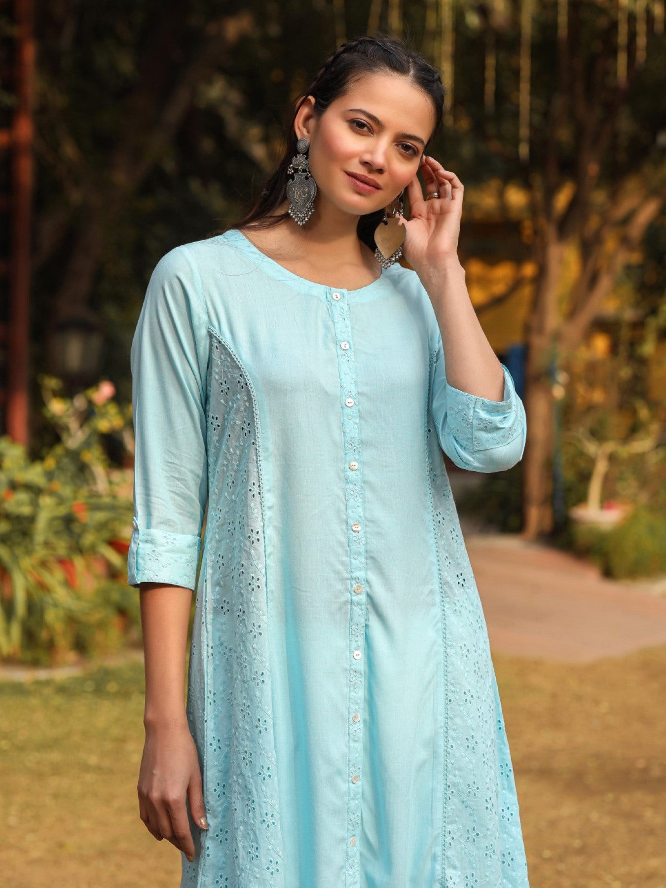 Powder Blue Solid A-Line Schiffli Kurta