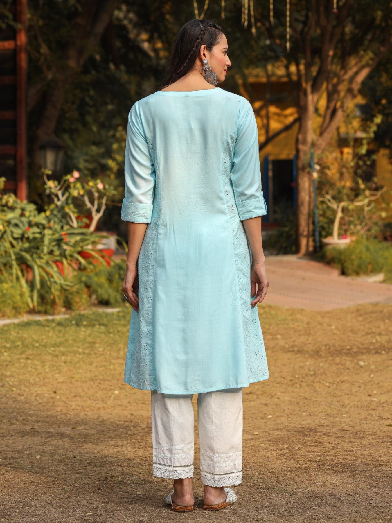 Powder Blue Solid A-Line Schiffli Kurta